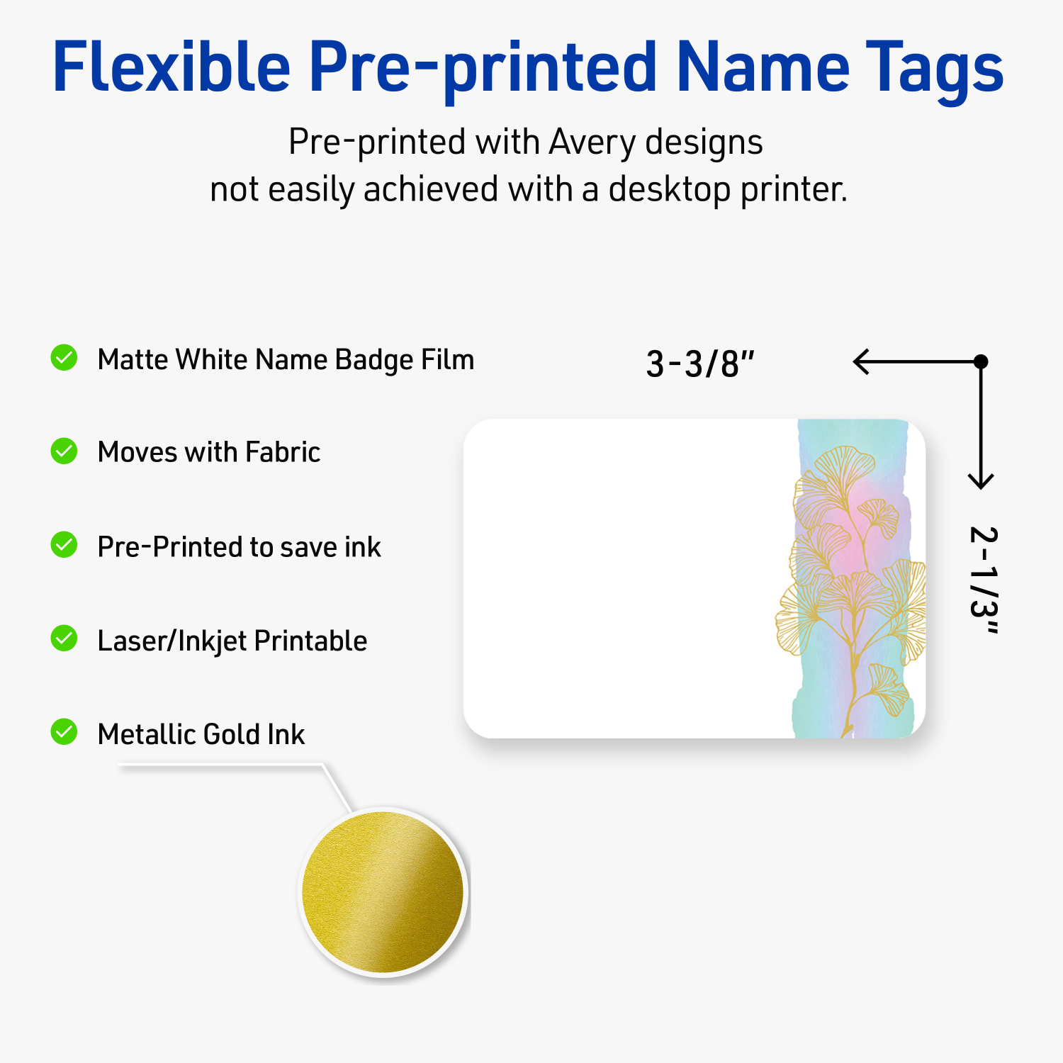 Avery Printable Adhesive Name Badges/Preprinted Designs, Rectangle, S00-EVS, 2-1/3in x 3-3/8in, Matte White/Watercolors/Gold Ginkgo Leaves, Pack Of 80 - Image 4