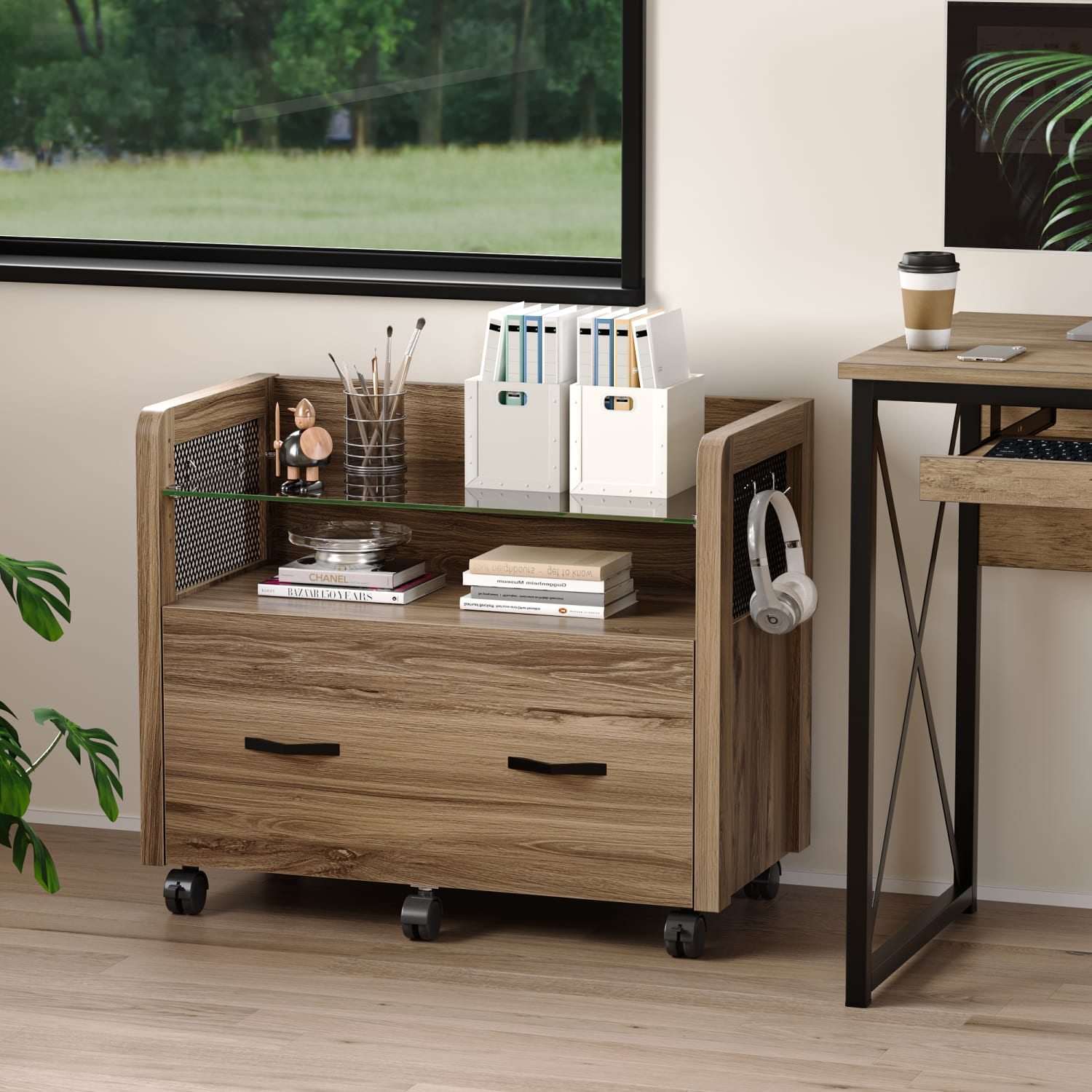 Bestier Rolling 15-3/8inD Vertical 1-Drawer File Cabinet With Glass Storage Shelf And Hooks, 29-13/16inW, Pinewood - Image 5