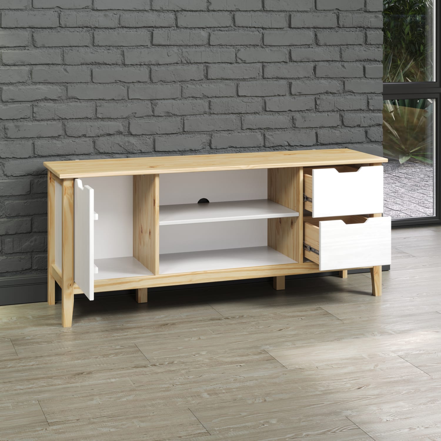 Trendfurn Latera Wood Media Console, 23-1/8inH x 55-1/8inW x 15-1/5inD, White/Natural - Image 6