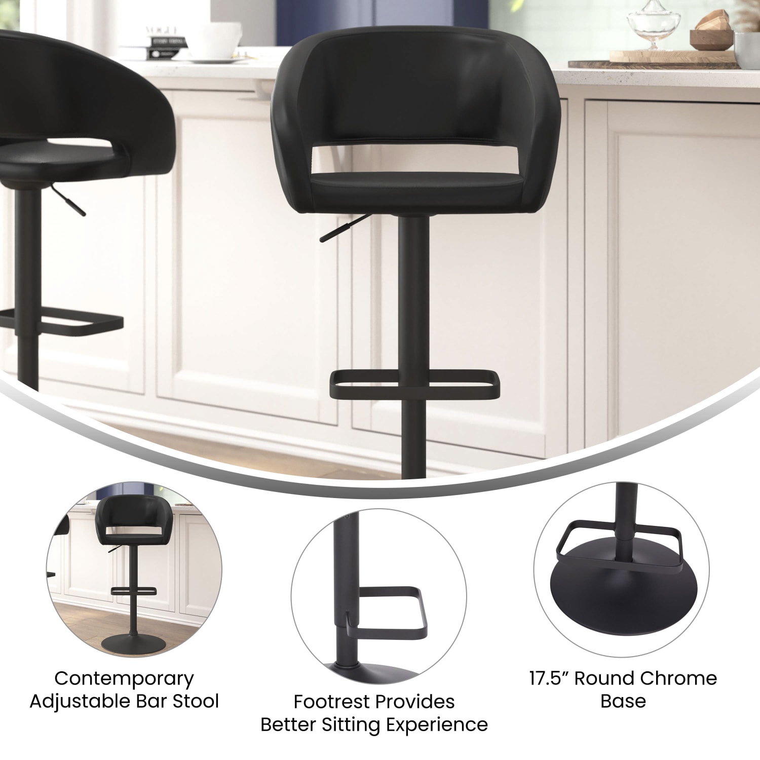 Flash Furniture Contemporary Vinyl Adjustable Height Bar Stool With Rounded Back, Black - Image 5