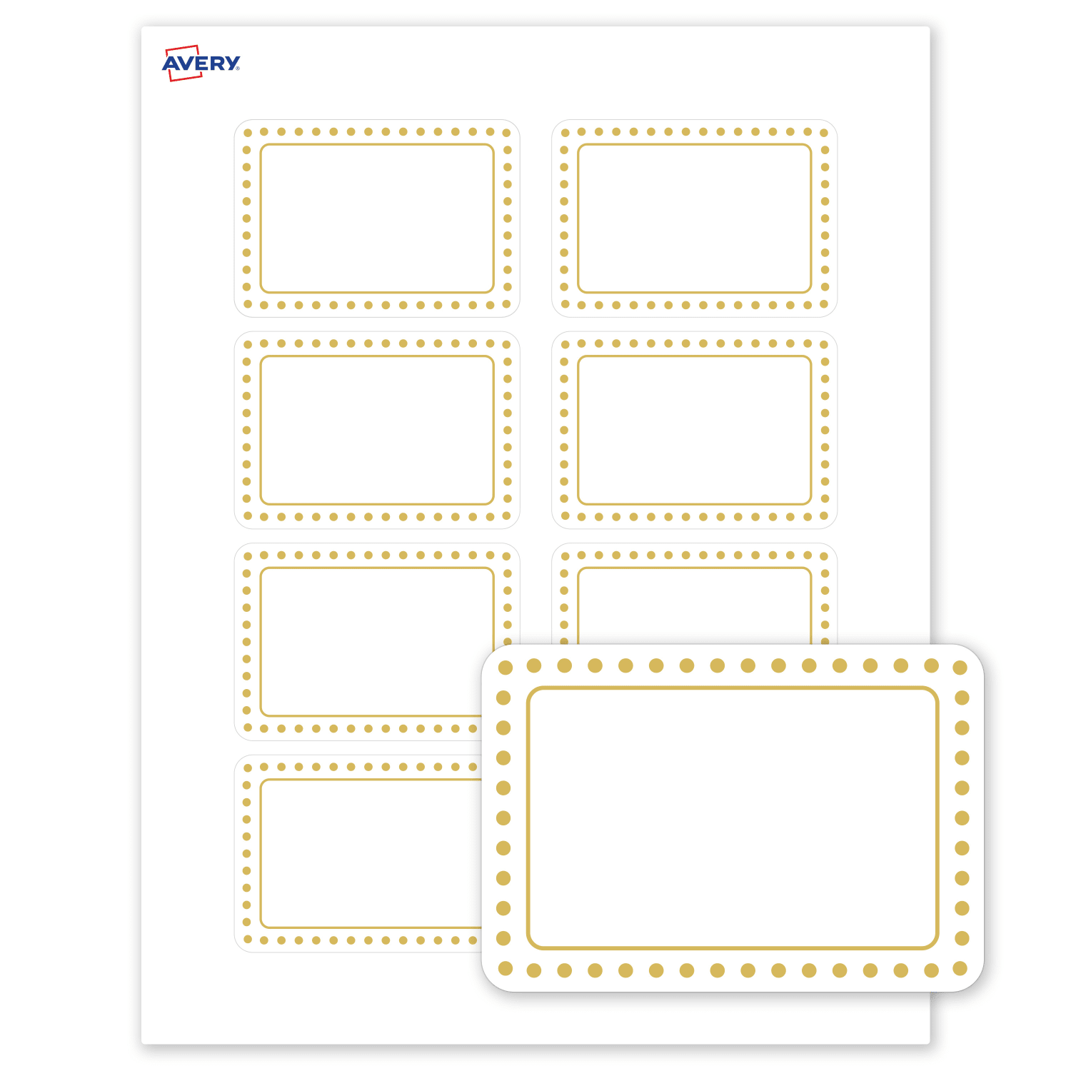 Avery Printable Adhesive Name Badges/Preprinted Designs, Rectangle, S00-EY0, 2-1/3in x 3-3/8in, Matte White/Gold Border/Gold Dots, Pack Of 80 - Image 3