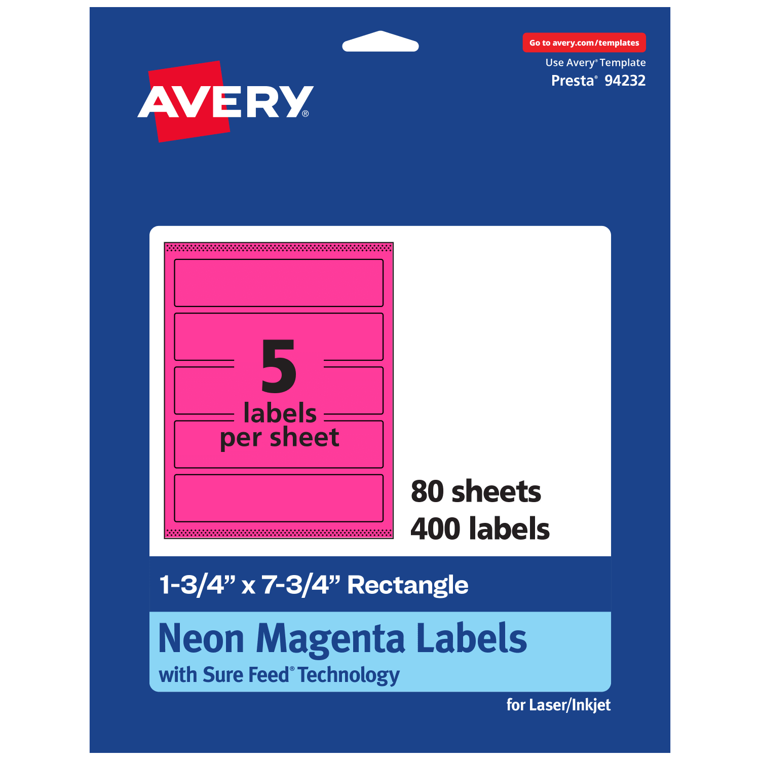 Avery Print-To-The-Edge Labels With Sure Feed Technology, 94232-NMP80, Rectangle, 1-3/4in x 7-3/4in, Matte Neon Magenta, Pack of 400