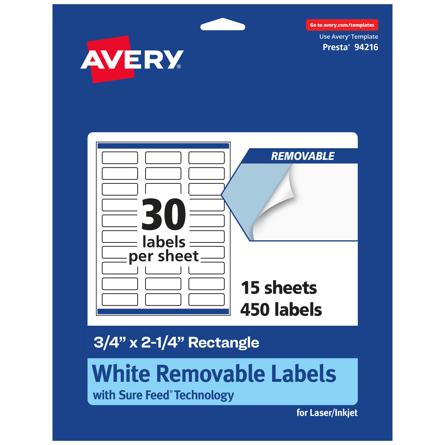 Avery Removable Labels With Sure Feed, 94216-RMP15, Rectangle, 3/4in x 2-1/4in, White, Pack Of 450 Labels