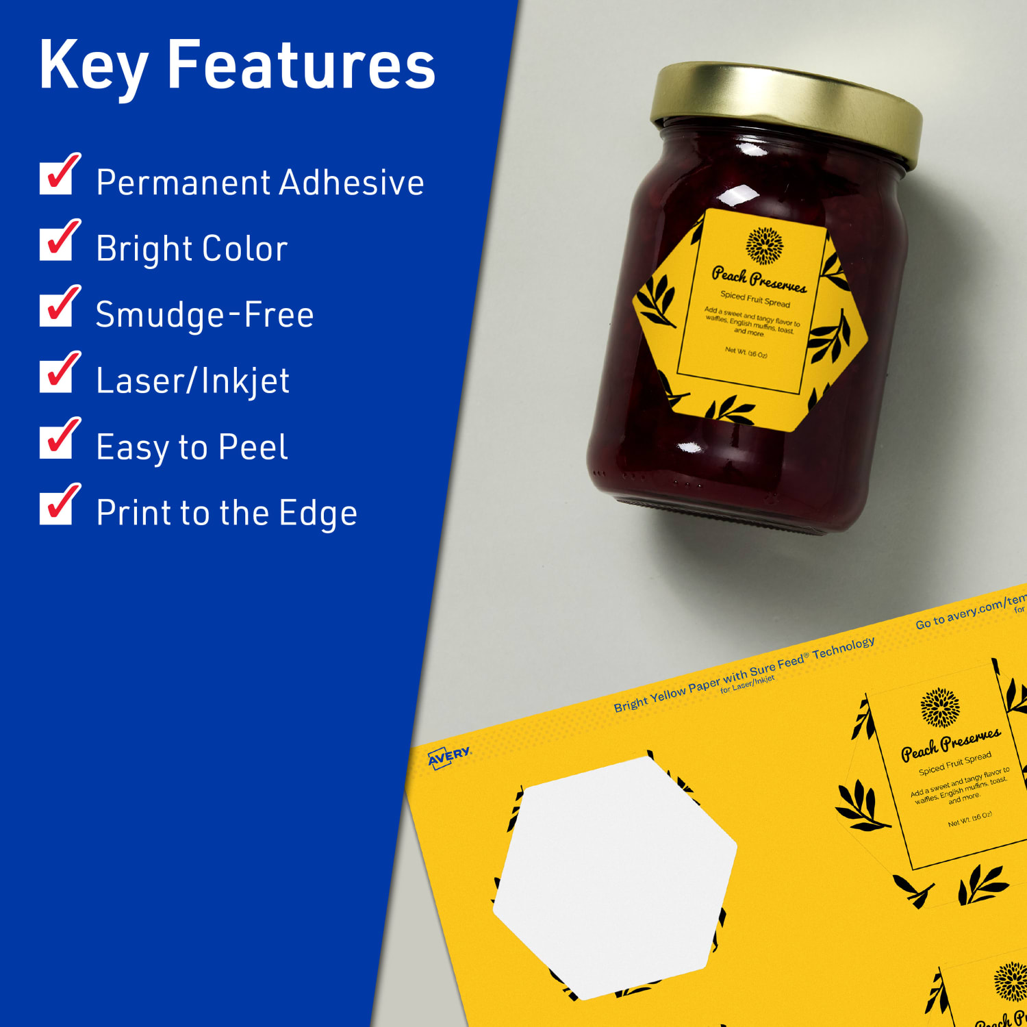 Avery Print-To-The-Edge Labels With Sure Feed Technology, 94121-BYP10, Hexagon, 2-1/2in x 2-57/64in, Matte Bright Yellow, Pack of 60 - Image 3