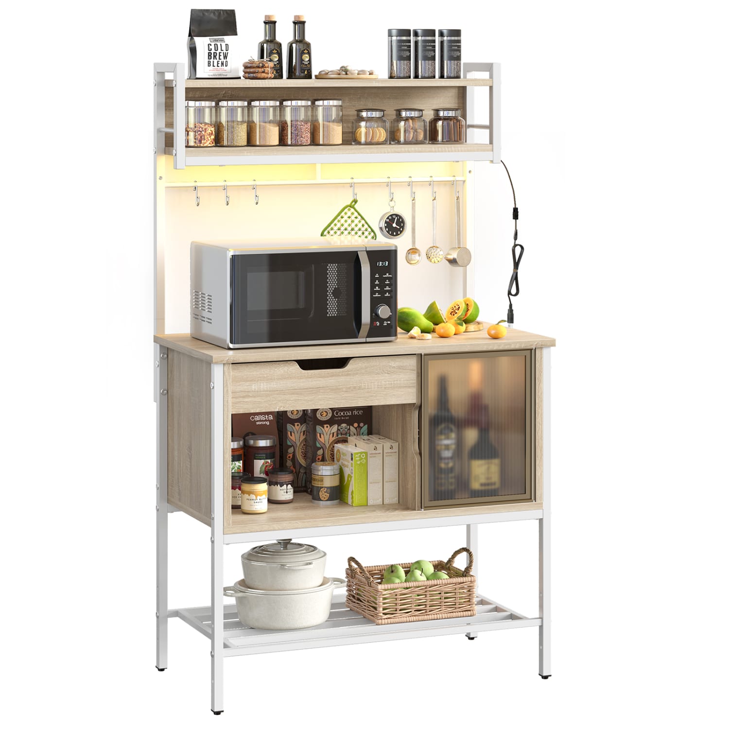 Bestier Bakers Rack With Cabinet And Drawer, 5-Tier, 58inH x 33inW x 16inD, Oak - Image 3