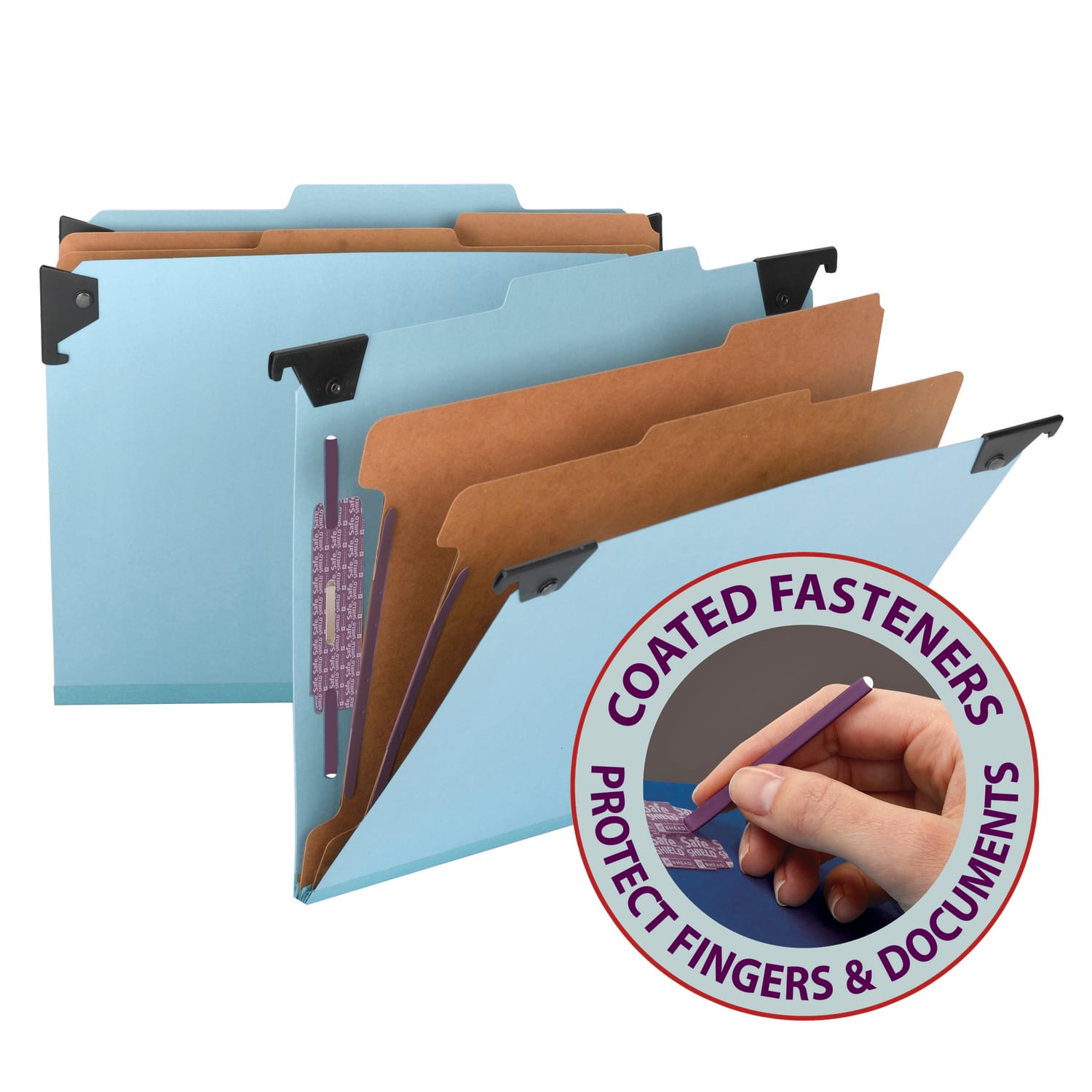 Smead Hanging Pressboard Classification Folder With SafeSHIELD Coated Paper Fastener, 2 Dividers, Letter Size, Blue - Image 3