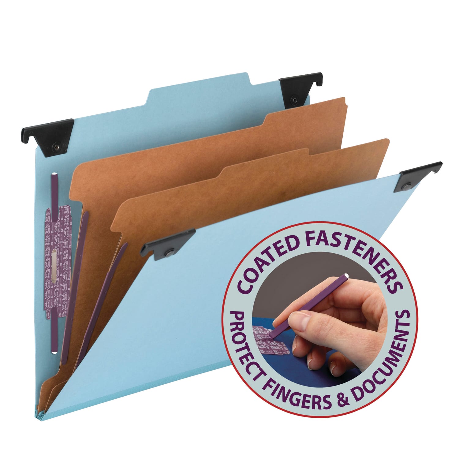 Smead Hanging Pressboard Classification Folder With SafeSHIELD Coated Paper Fastener, 2 Dividers, Letter Size, Blue - Image 4