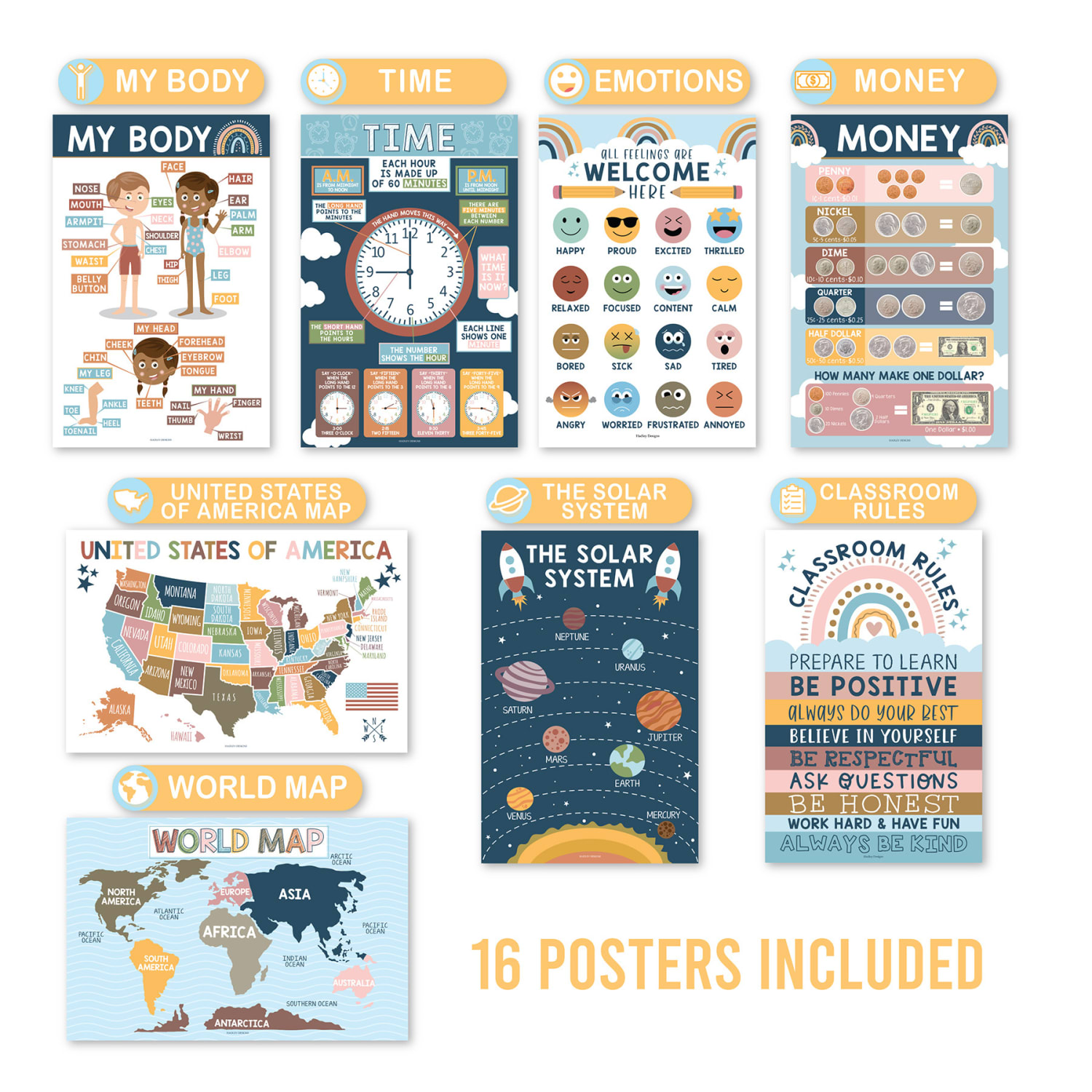 Hadley Designs Laminated Posters, Boho Preschool Educational For Toddlers, Set Of 16 - Image 3