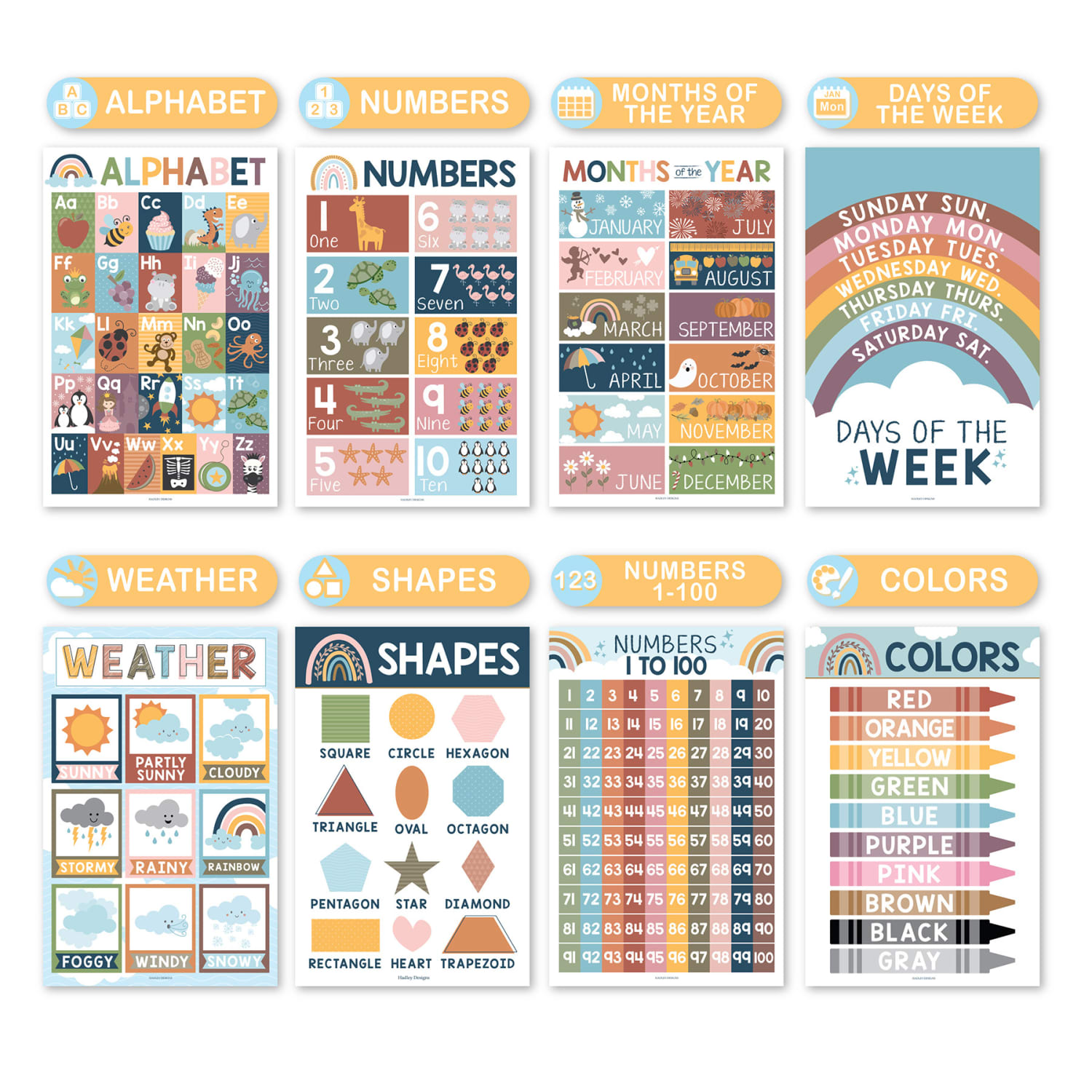 Hadley Designs Laminated Posters, Boho Preschool Educational For Toddlers, Set Of 16 - Image 4