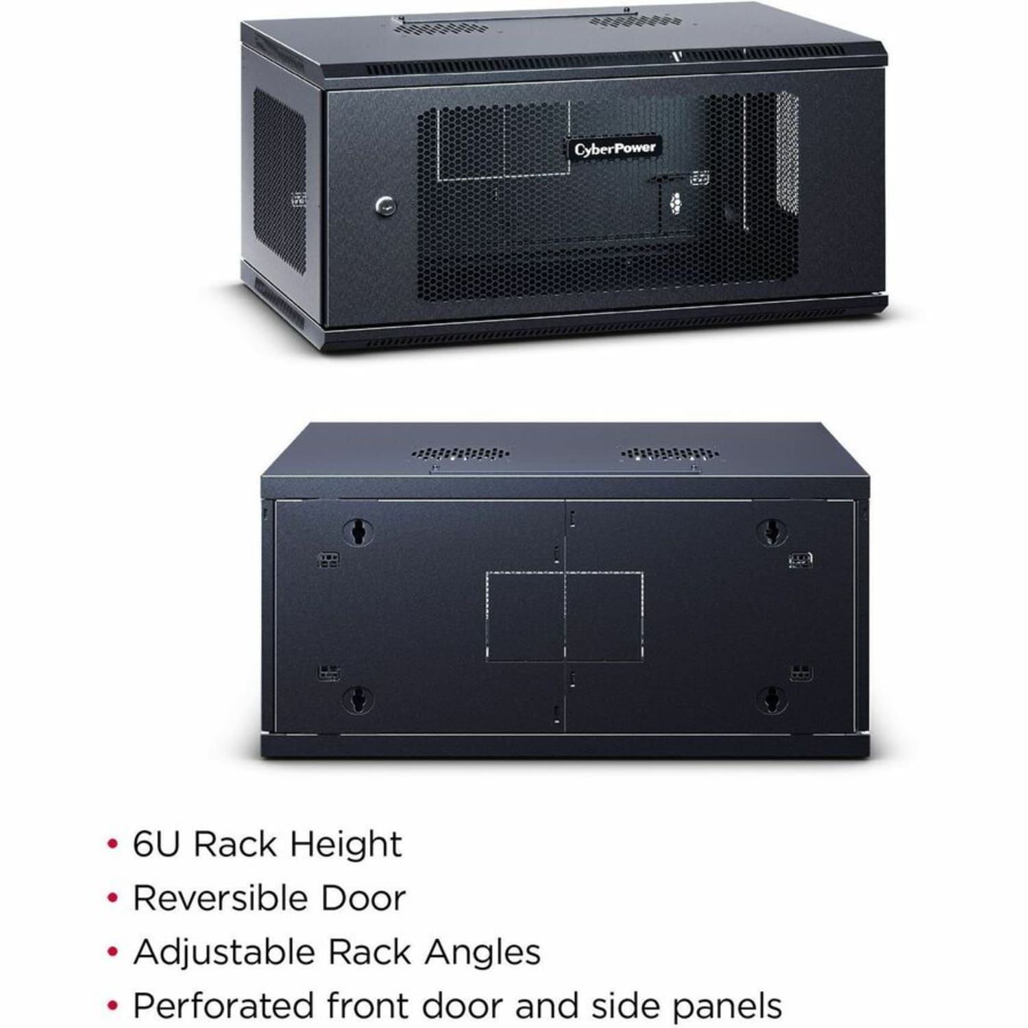 CyberPower CR6U61003 Wall Mount Enclosure - 6U 19in Wall Mount Enclosure, 600mm wide, 600mm deep, hex perforated metal door, side panels, locking doors/panels, black, 132lbs (60kg) loading capacity, 5 year warranty - Image 3