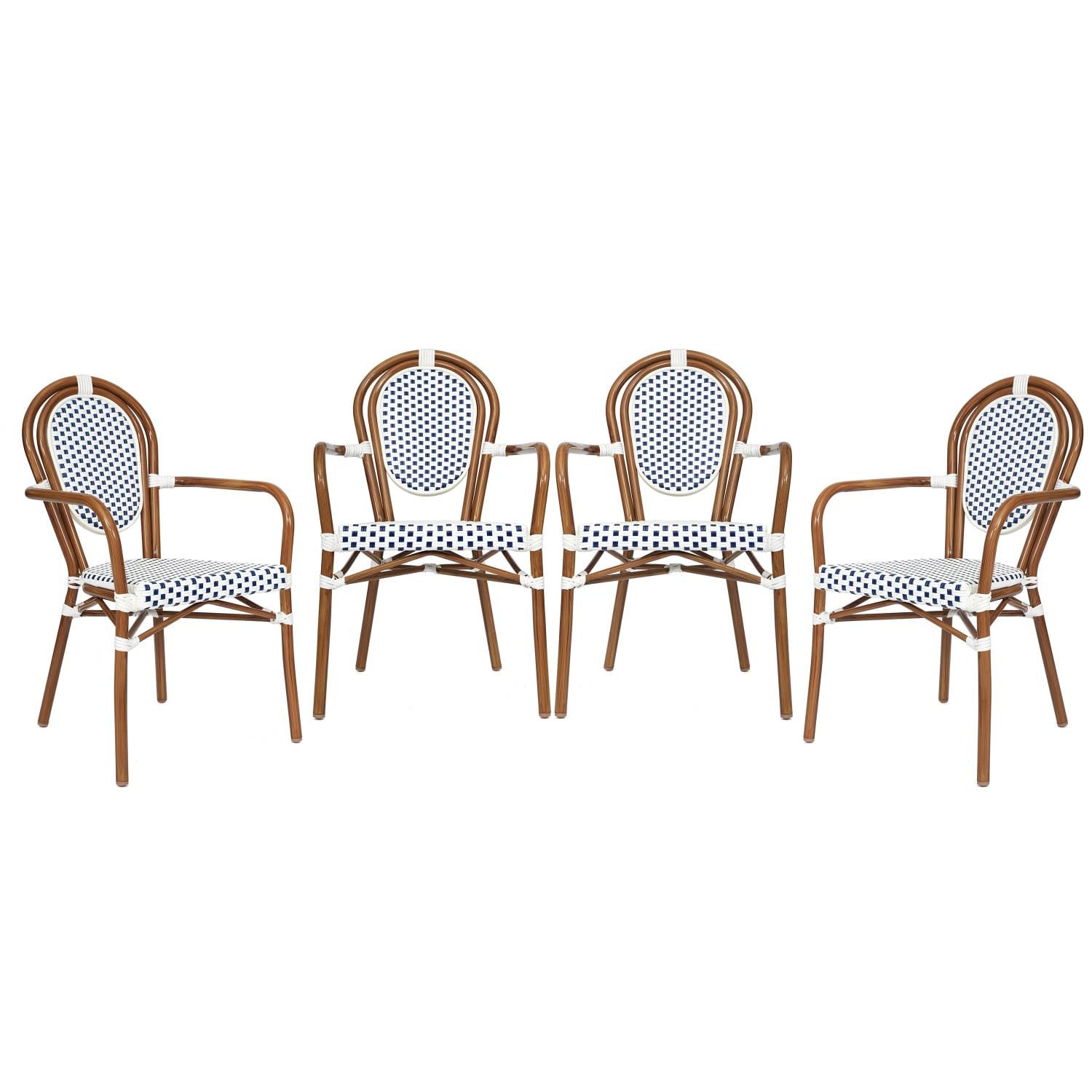 Flash Furniture 4 Pack Lourdes Indoor/Outdoor Commercial Thonet Bistro Stacking Chair with Arms, White & Navy/Natural Frame -4SDA6422AWNVN