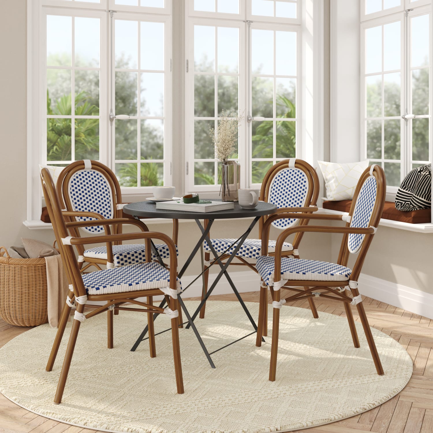 Flash Furniture 4 Pack Lourdes Indoor/Outdoor Commercial Thonet Bistro Stacking Chair with Arms, White & Navy/Natural Frame -4SDA6422AWNVN - Image 4