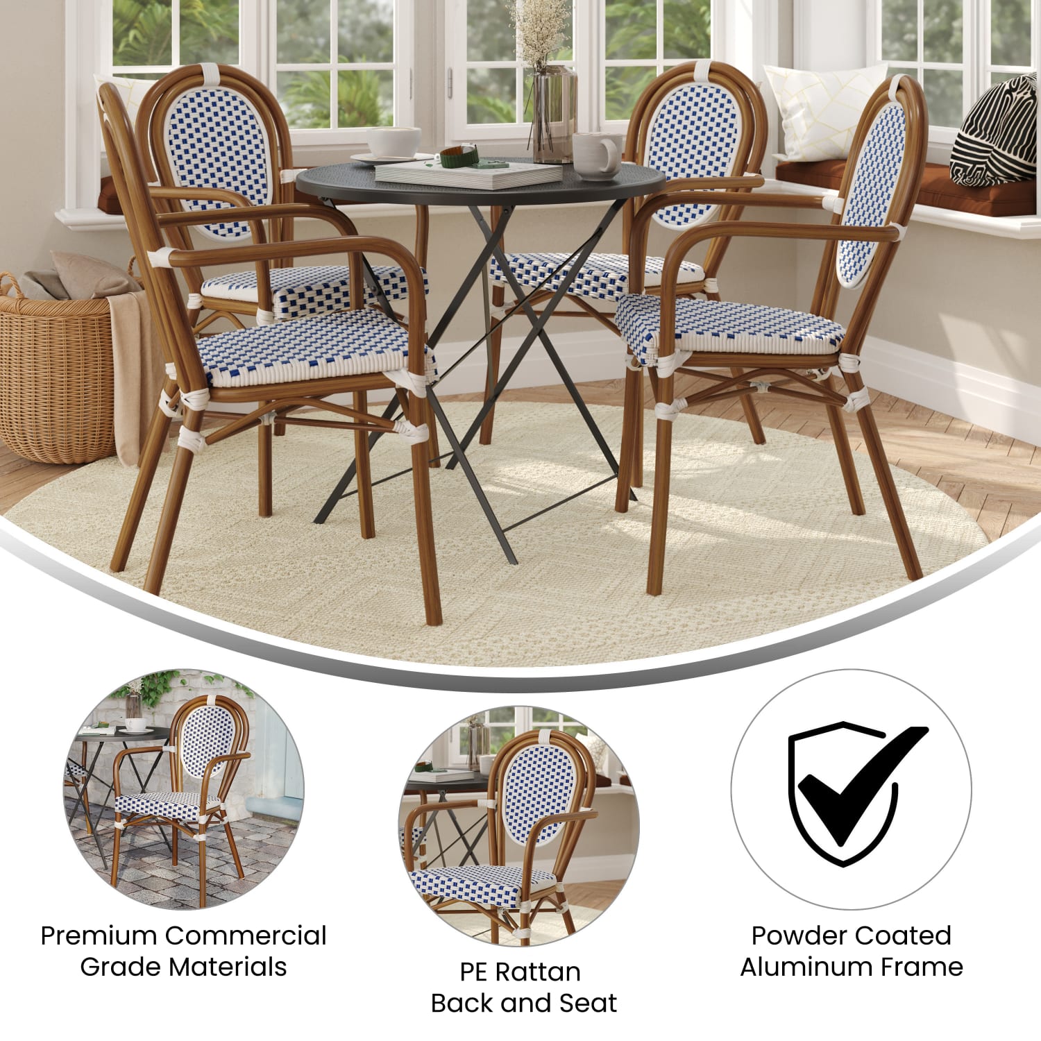 Flash Furniture 4 Pack Lourdes Indoor/Outdoor Commercial Thonet Bistro Stacking Chair with Arms, White & Navy/Natural Frame -4SDA6422AWNVN - Image 5