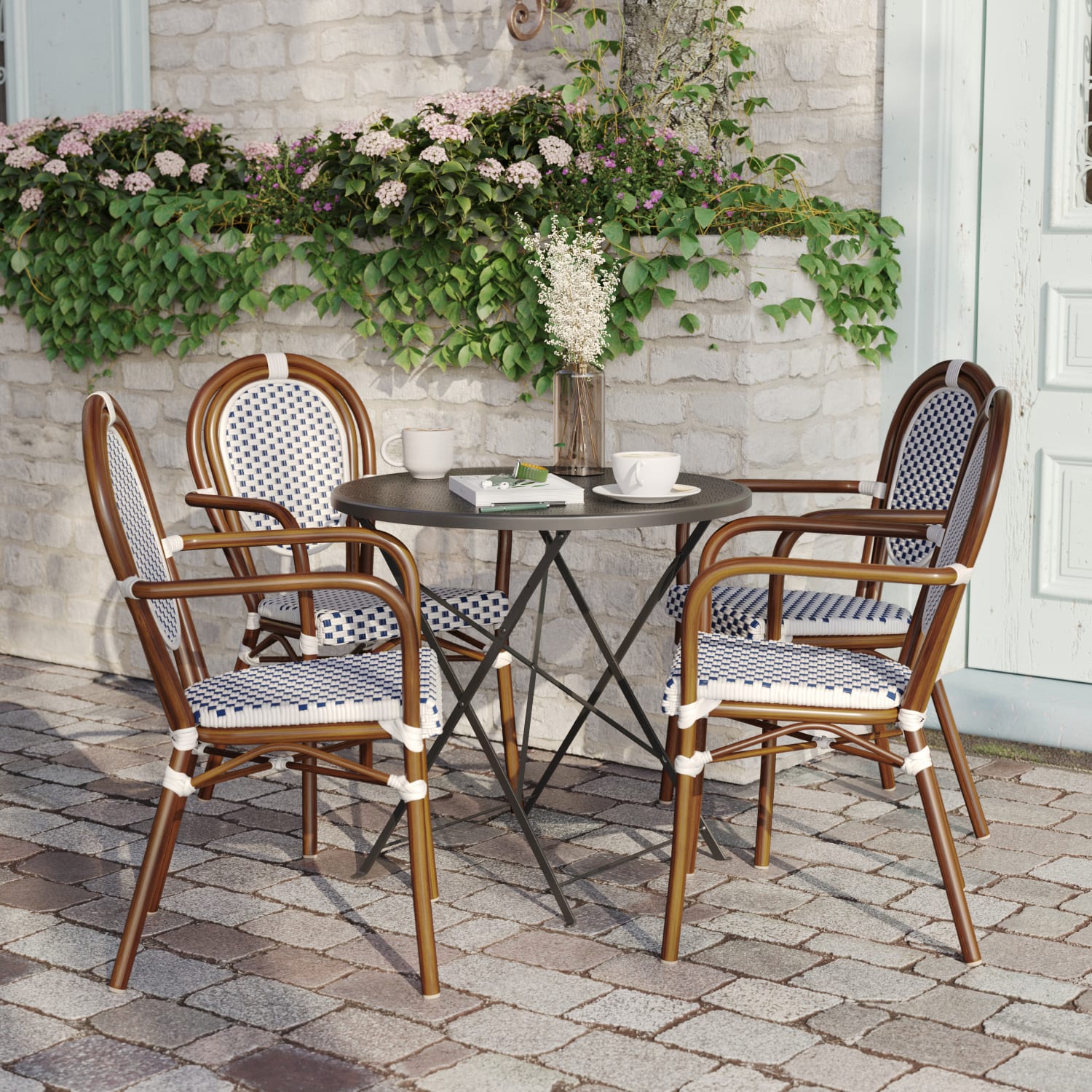 Flash Furniture 4 Pack Lourdes Indoor/Outdoor Commercial Thonet Bistro Stacking Chair with Arms, White & Navy/Natural Frame -4SDA6422AWNVN - Image 6