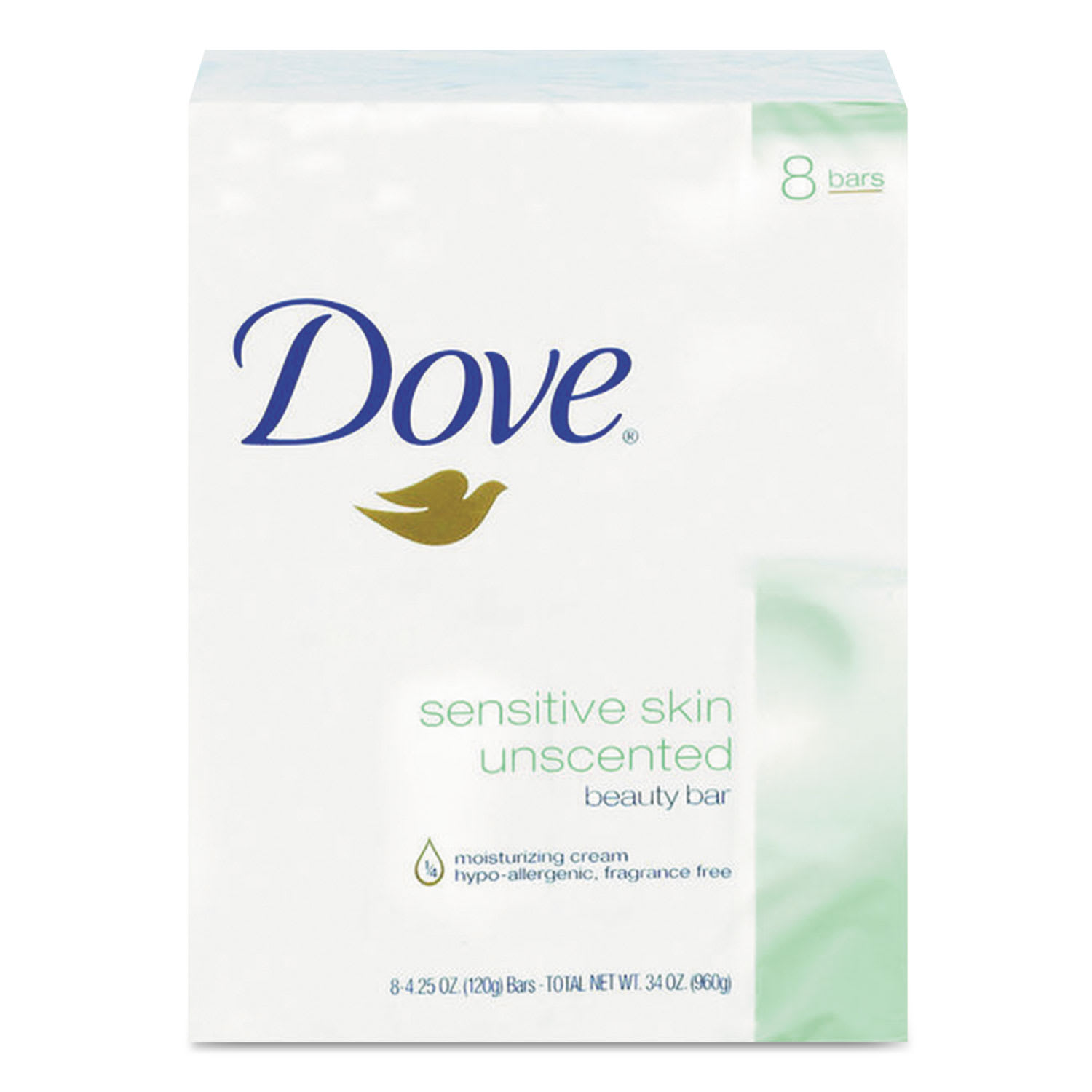 Dove Sensitive Skin Bath Bar, Unscented, 4.5 oz, 8 Bars/Pack, 9 Packs/Carton