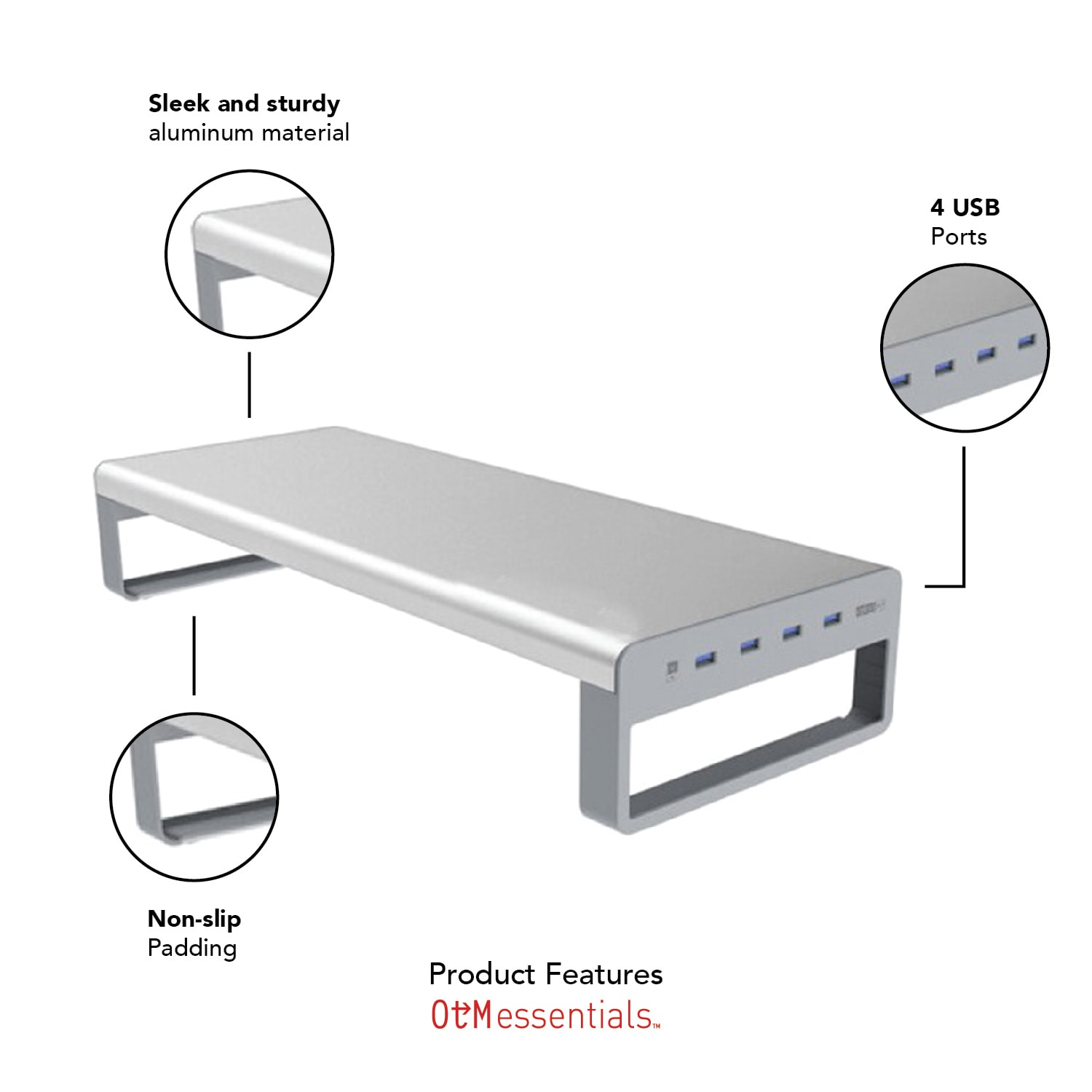 OTM Essentials Desktop Riser, 3inH x 21-7/16inW x 7-7/8inD, Silver - Image 4