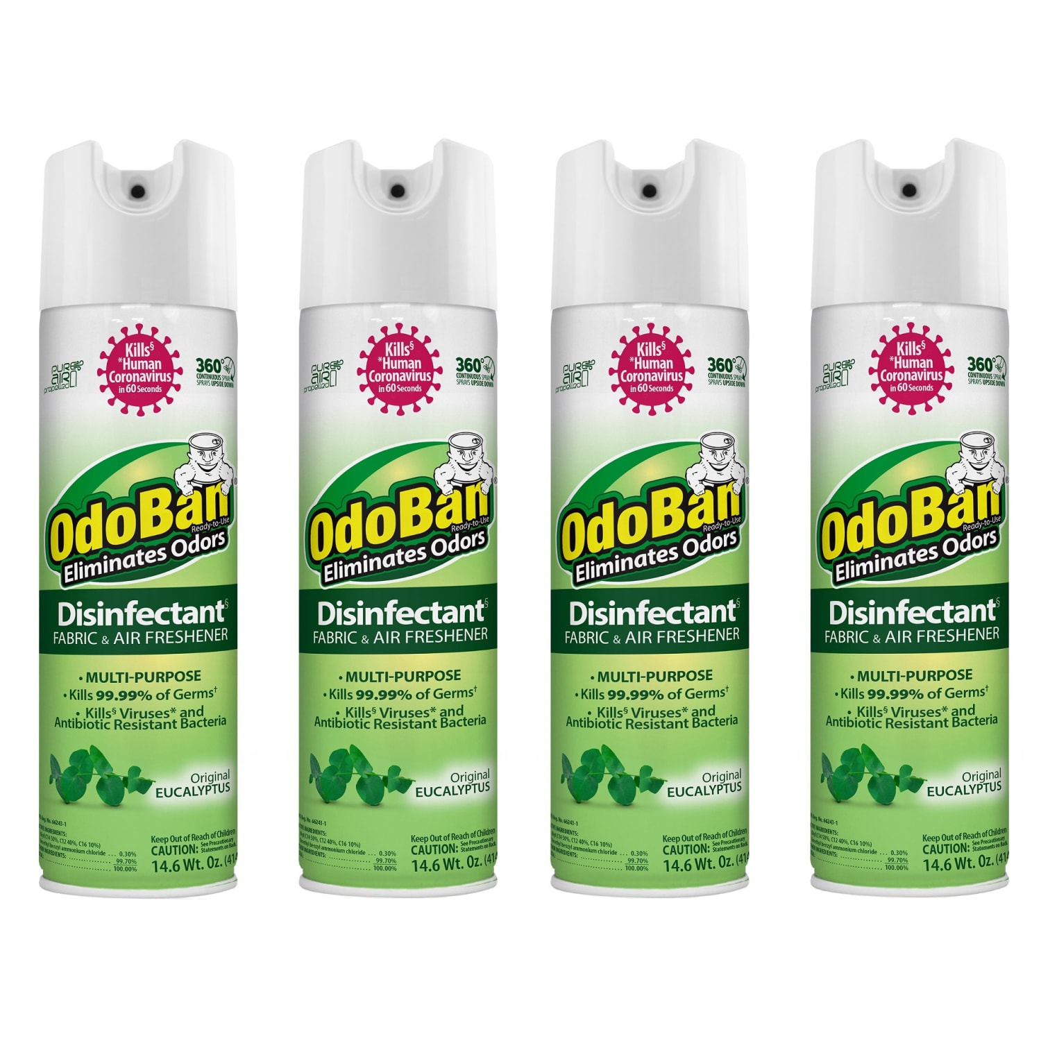 OdoBan Ready-to-Use 360-Degree Continuous Spray Disinfectant Cleaner and Odor Eliminator, Original Eucalyptus Scent, 14.6 Oz, Set Of 4 Spray Cans