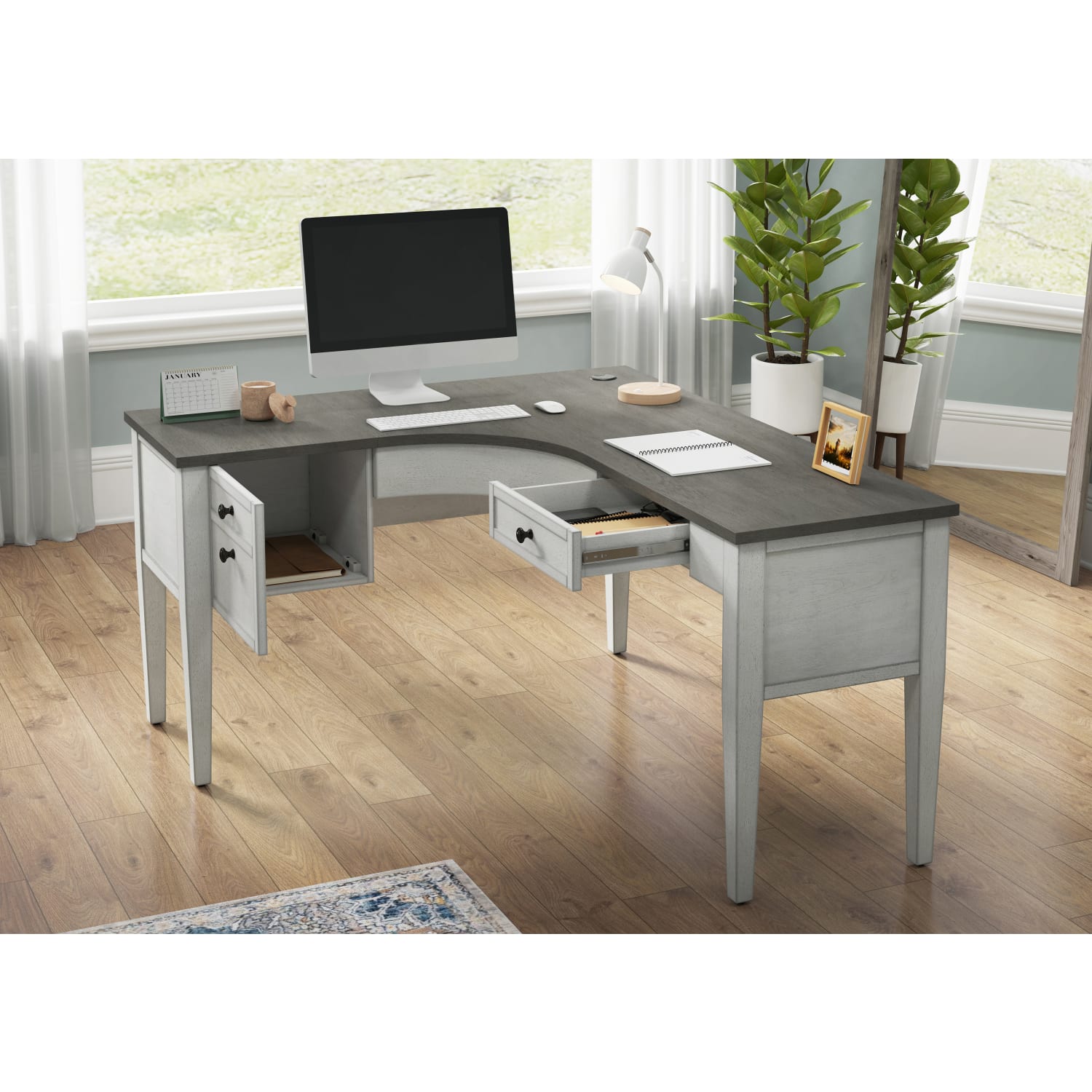 Whalen Lagron 60inW Wood L-Shaped Corner Desk, Arctic White/Shadow Gray