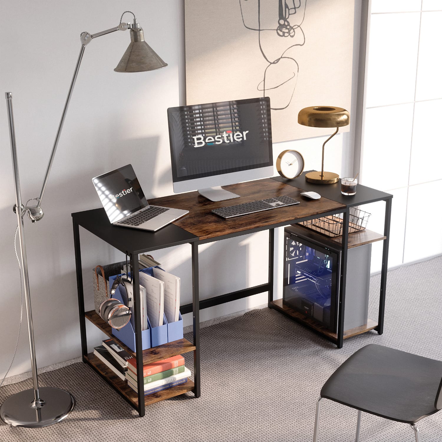 Bestier 55in Computer Writing Desk with 4 Storage Shelves, Rustic Brown & Black - Image 3