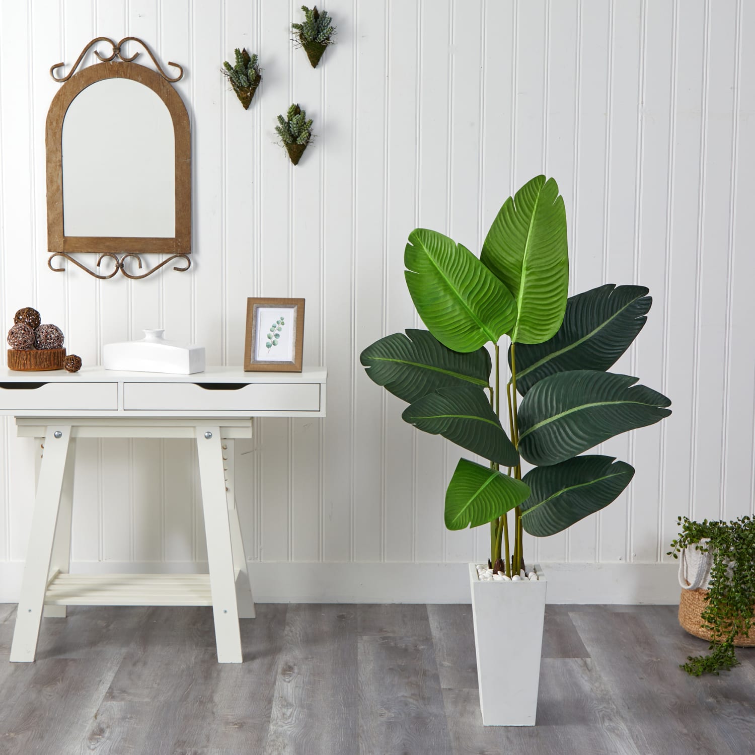 Nearly Natural Travelers Palm 54inH Artificial Plant With Planter, 54inH x 26inW x 21inD, Green/White - Image 4