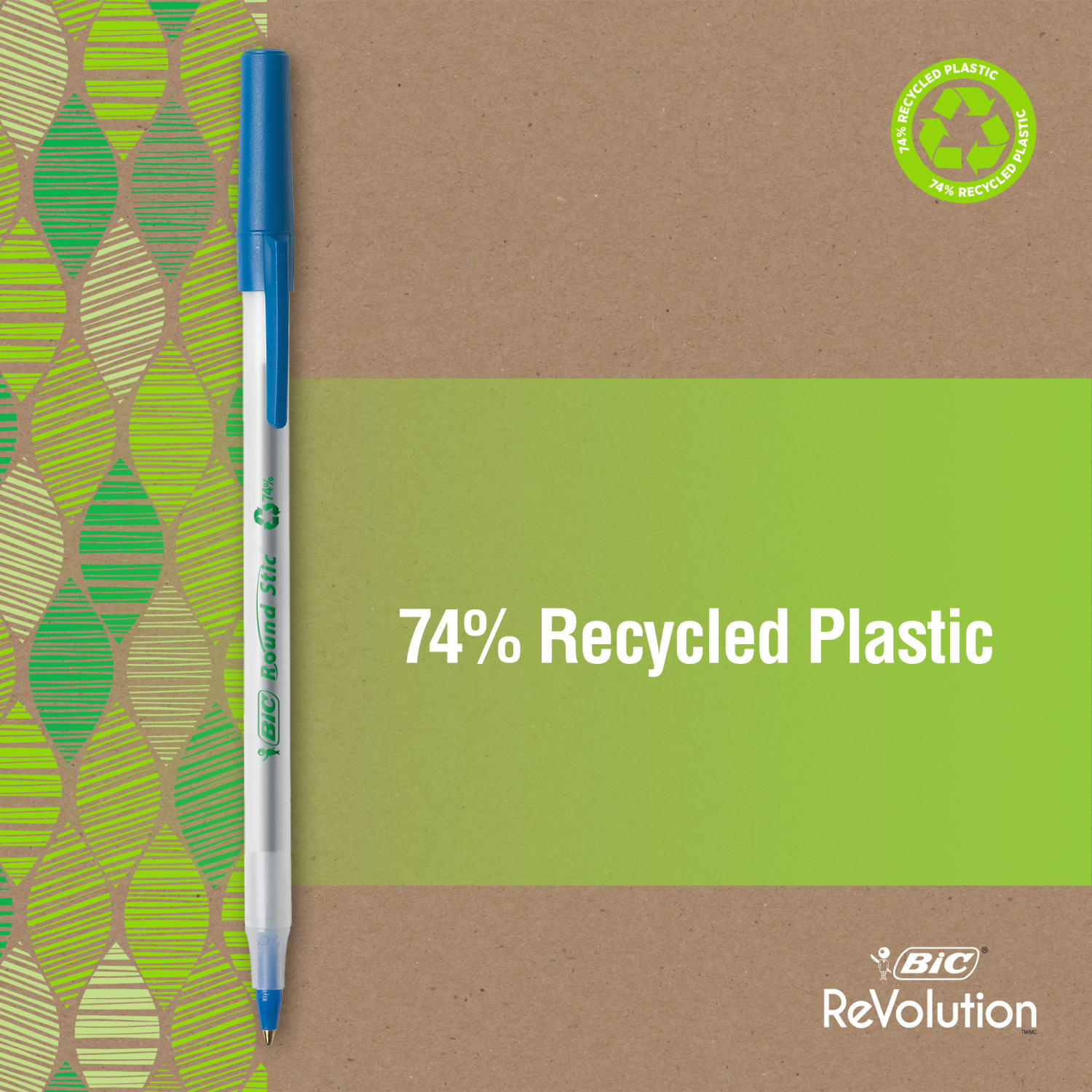 BIC ReVolution Round Stic Pens, Medium Point, 1.0 mm, 74% Recycled, Semi-Clear Barrel, Blue Ink, Pack Of 10 Pens - Image 4
