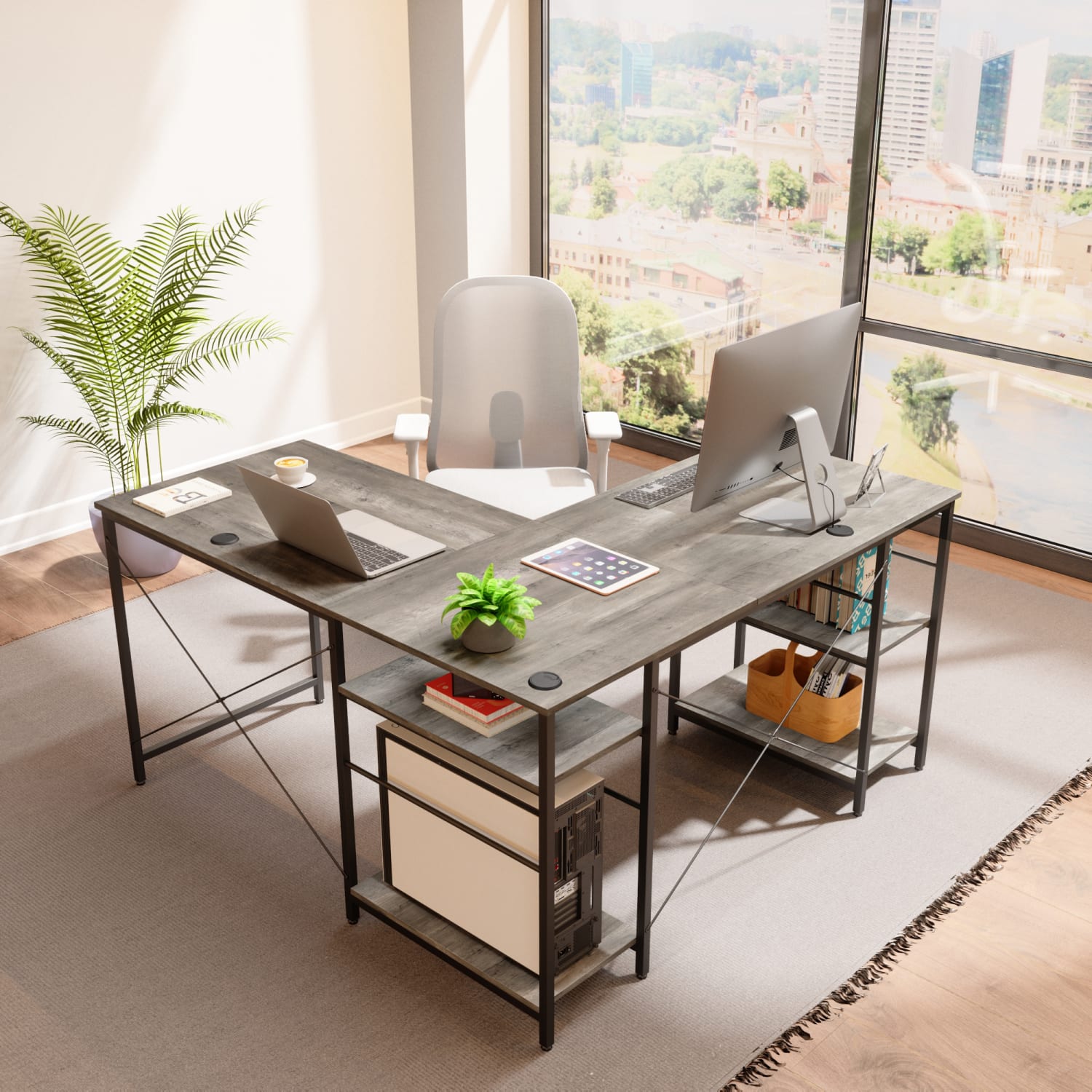 Bestier 56inW L-Shaped Corner Desk With Storage Shelf & 3 Cable Holes, Gray Wash - Image 5