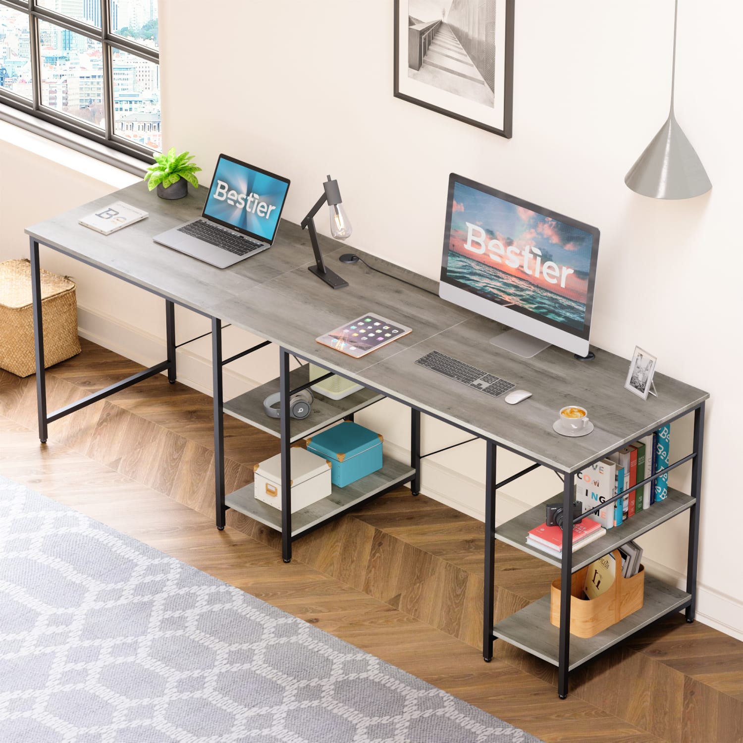 Bestier 56inW L-Shaped Corner Desk With Storage Shelf & 3 Cable Holes, Gray Wash - Image 6
