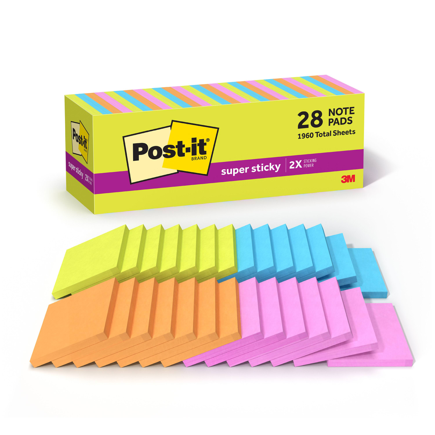 Post-it Super Sticky Notes, 3 x 3 in, 28 Sticky Note Pads, 70 Sheets/Pad, 2X the Sticking Power, School Supplies and Office Products, Bright Colors