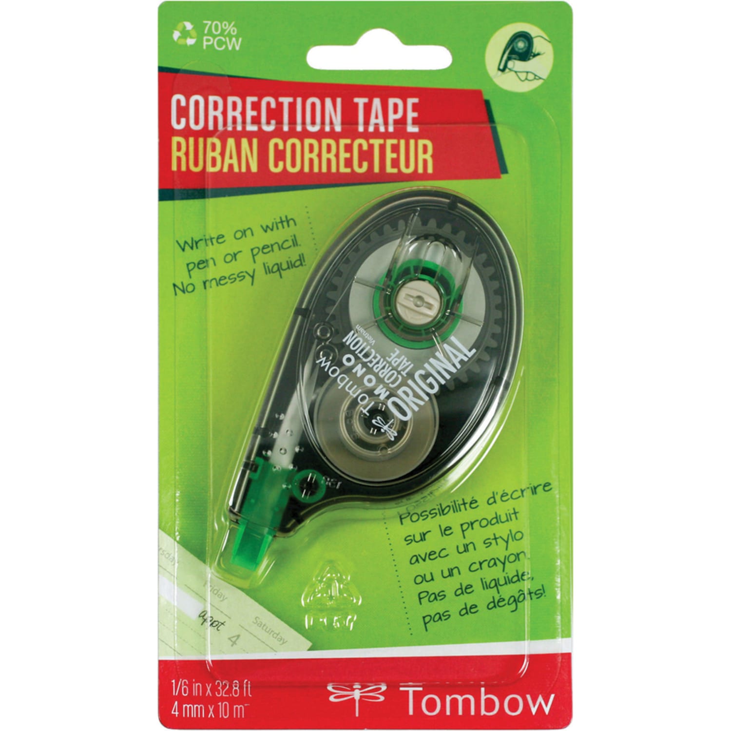 Tombow Original Mono Correction Tape - 0.16in Width x 32.81 ft Length - 1 Line(s) - White Tape - Ergonomic - Non-refillable - 6 / Box - White - Image 4