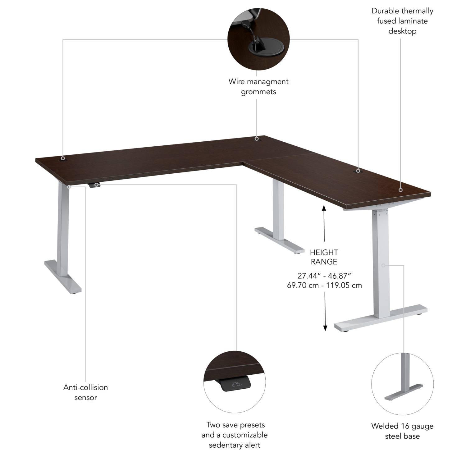 Bush Business Furniture Move 60 Series 72inW Height Adjustable L Shaped Standing Desk, Mocha Cherry/Cool Gray Metallic, Standard Delivery - Image 4