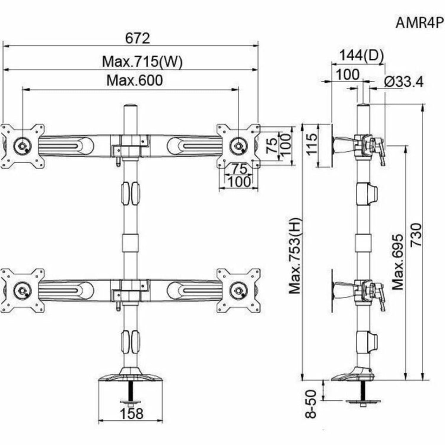Amer Mounts Quad Monitor Grommet Mount Supports Flat Panel Sizes 15in to 24in AMR4P - Image 4