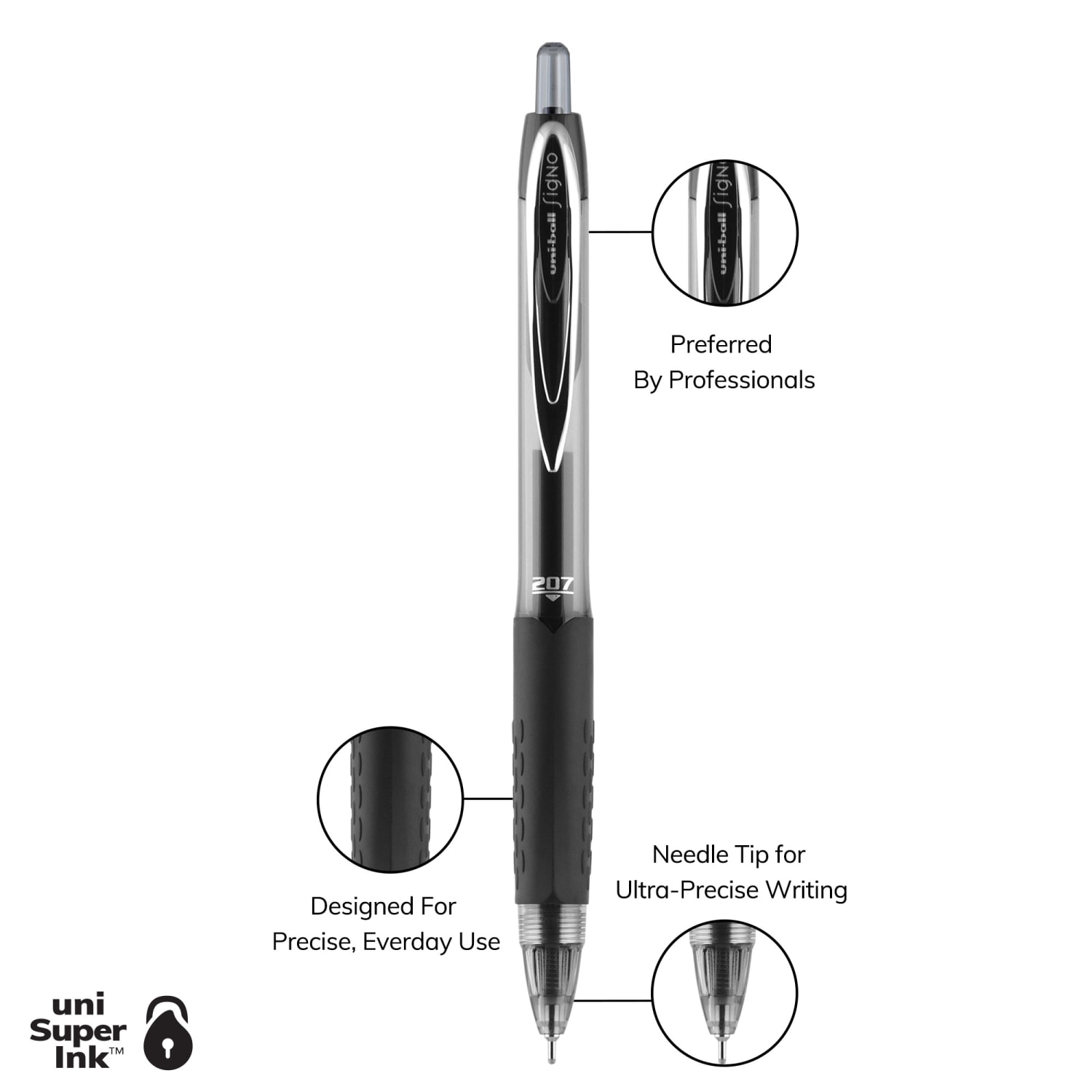 uni-ball Signo Gel 207 Retractable Gel Pens, Medium Point, 0.7 mm, Clear Barrels, Black Ink, Pack Of 4 - Image 4