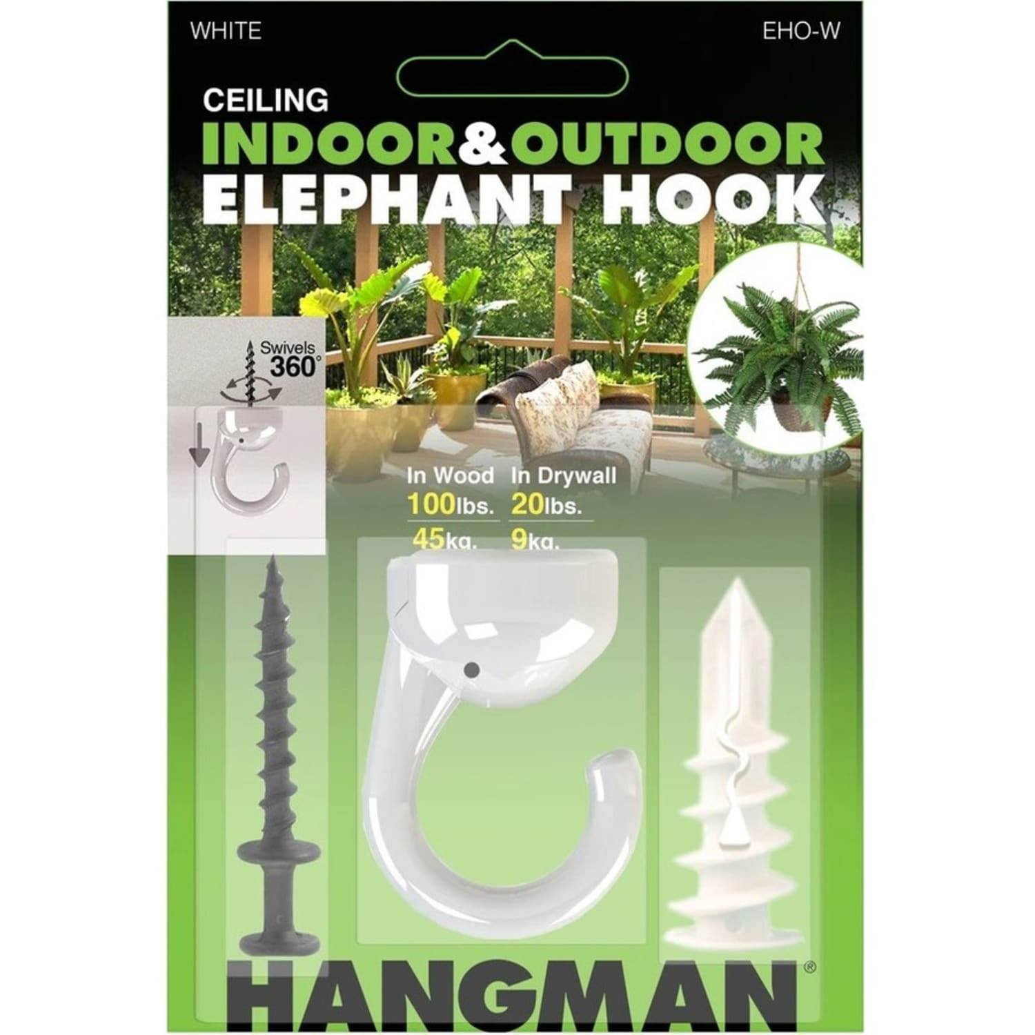 Hangman Indoor/Outdoor Elephant Hook - 30 lb (13.61 kg), 100 lb (45.36 kg) Capacity - 1in Height x 4in Width x 2in Length - for Drywall, Wood - White - Image 3