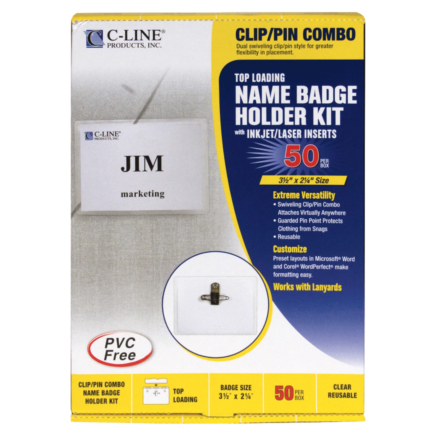 C-Line Sealed Clip/Pin Style Badge Holder Kit, Top Loading, 2 1/4in x 3 1/2in