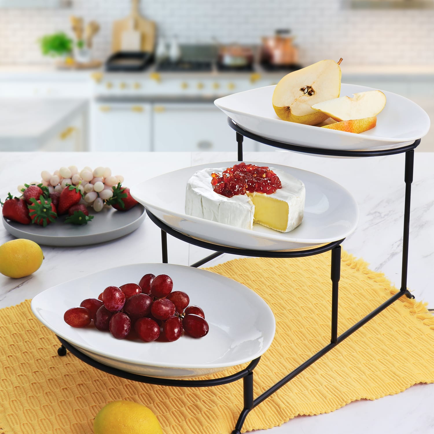 Elama 3-Tier Porcelain Oval Plate Serveware Set, White - Image 4