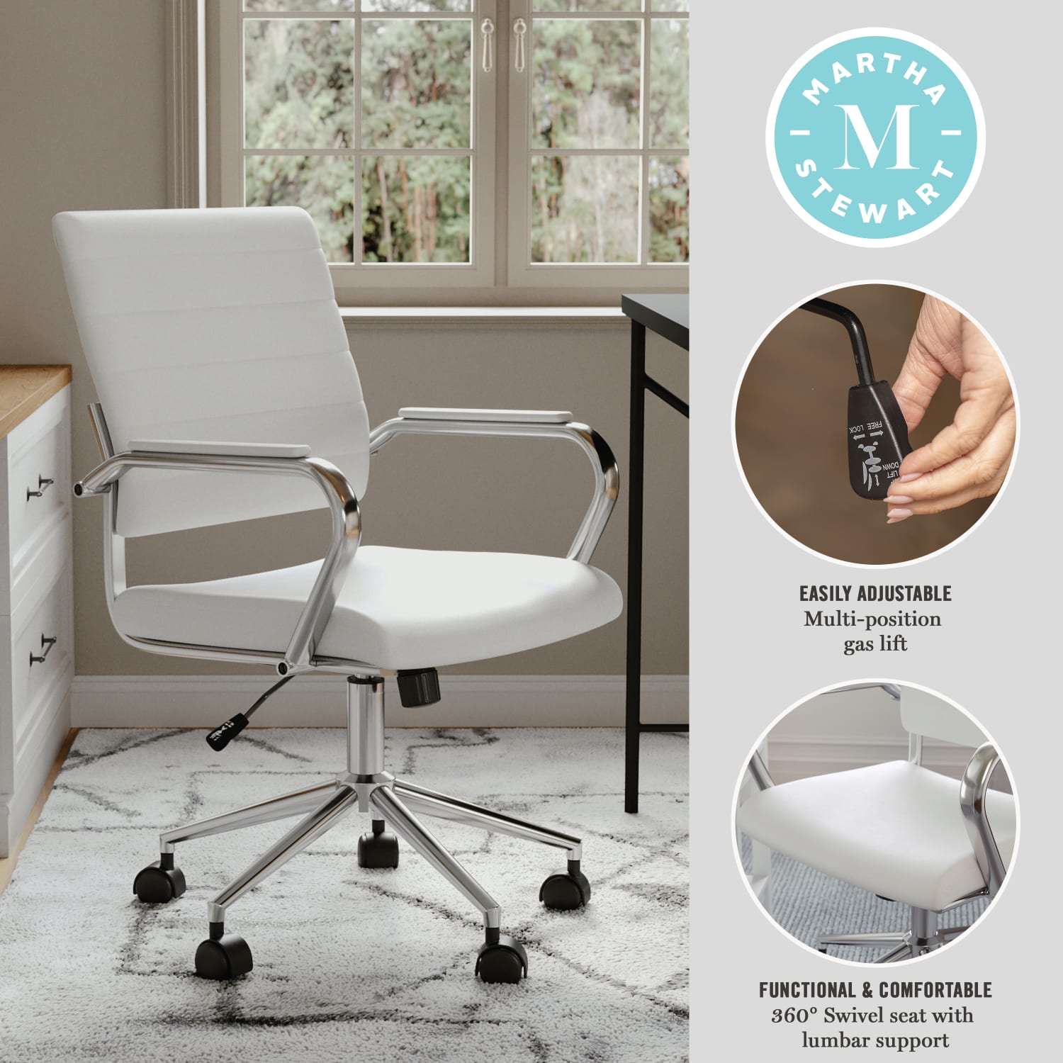 Martha Stewart Piper Faux Leather Upholstered Mid Back Executive Office Chair WhitePolished Nickel PopularChairscom