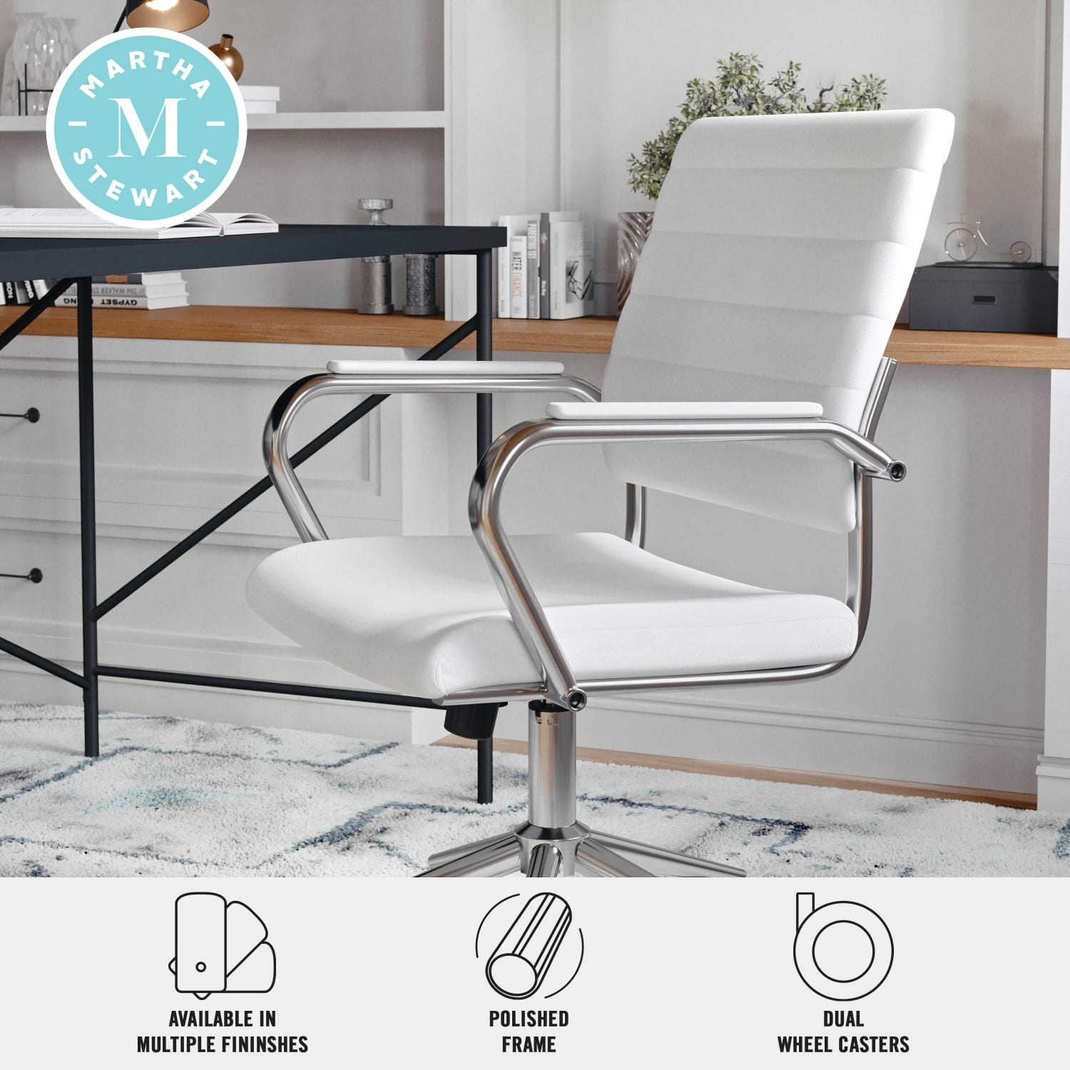 Martha Stewart Piper Faux Leather Upholstered Mid Back Executive Office Chair WhitePolished Nickel PopularChairscom