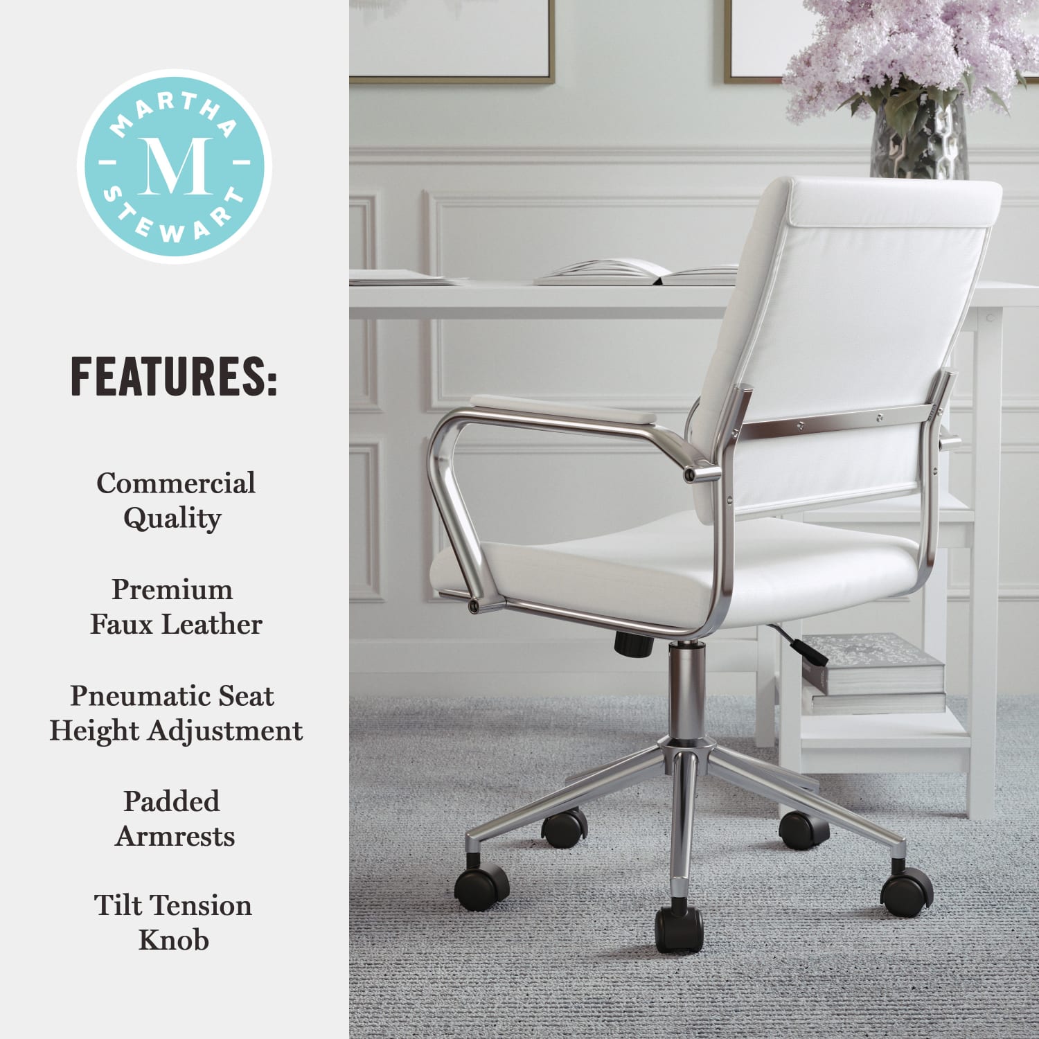 Martha Stewart Piper Faux Leather Upholstered Mid Back Executive Office Chair WhitePolished Nickel PopularChairscom