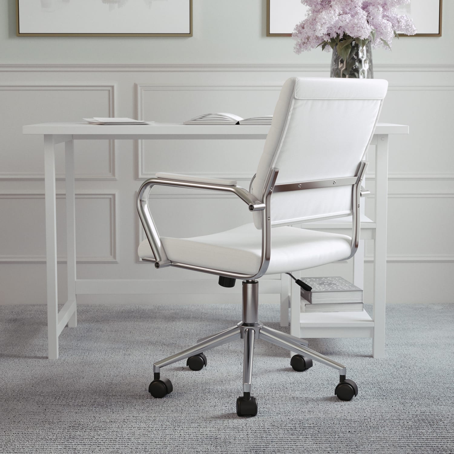 Martha Stewart Piper Faux Leather Upholstered Mid Back Executive Office Chair WhitePolished Nickel PopularChairscom