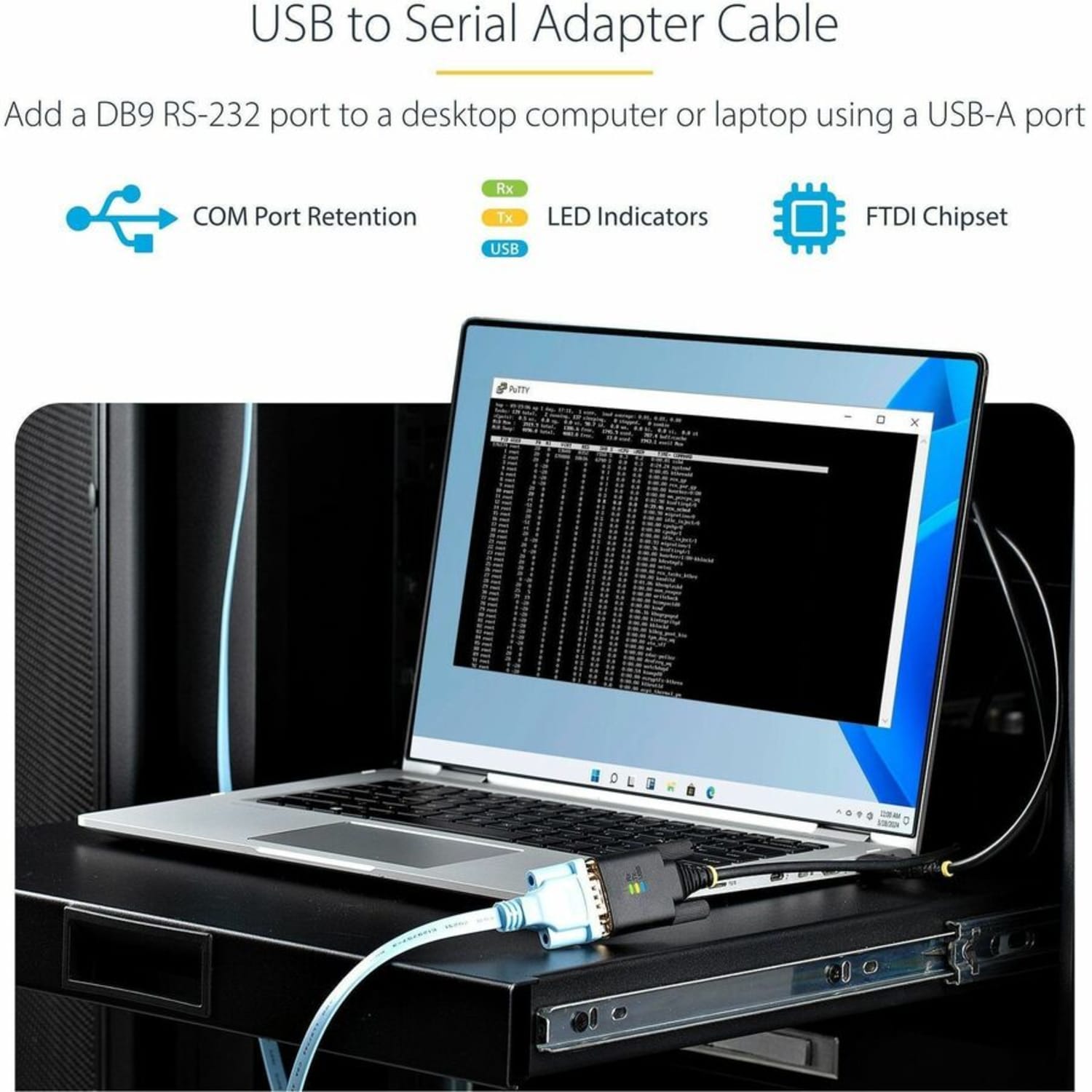 StarTech.com 3ft (1m) USB to Serial Adapter Cable, COM Retention, FTDI IC, DB9 RS232, Interchangeable DB9 Screws/Nuts, Windows/macOS/Linux - Image 3