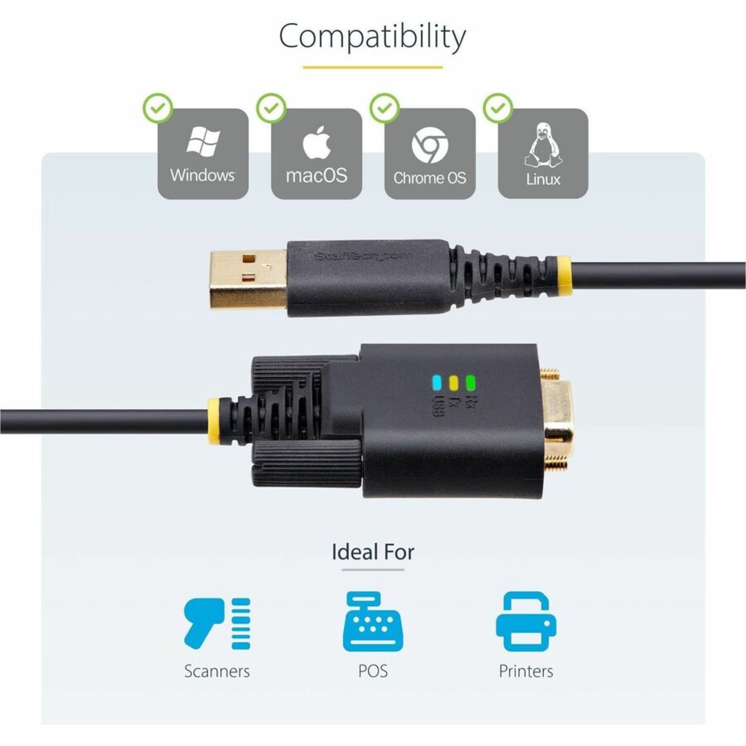 StarTech.com 3ft (1m) USB to Serial Adapter Cable, COM Retention, FTDI IC, DB9 RS232, Interchangeable DB9 Screws/Nuts, Windows/macOS/Linux - Image 6