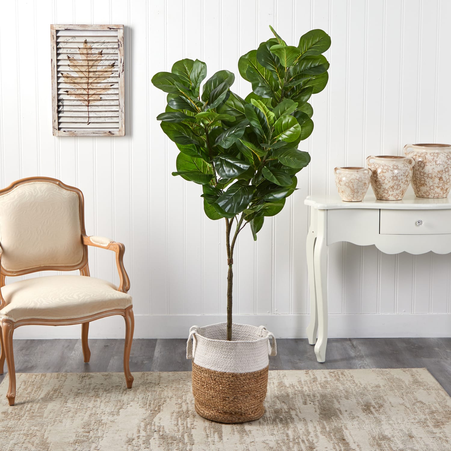 Nearly Natural Fiddle Leaf Fig 72inH Artificial Tree With Handmade Planter, 72inH x 11inW x 11inD, Green/Tan White - Image 4