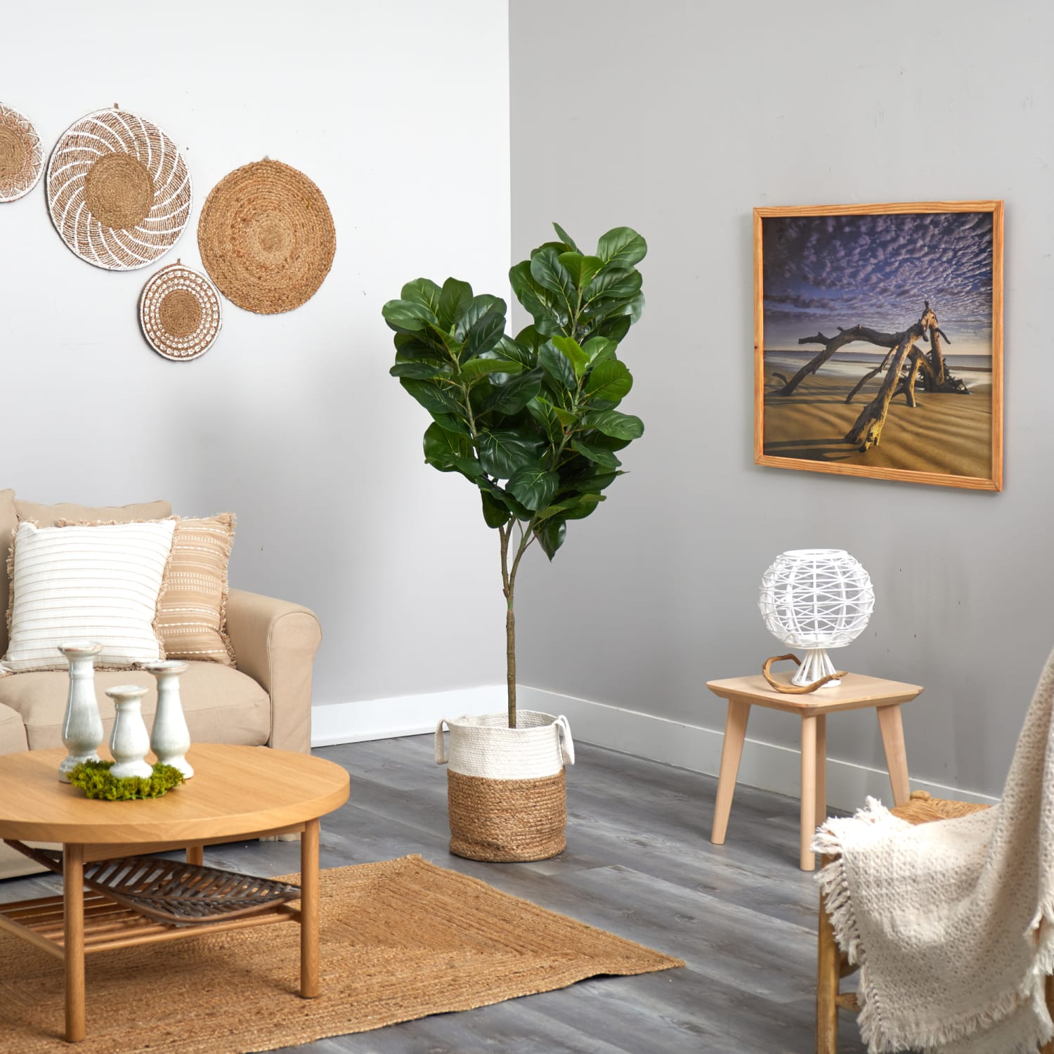Nearly Natural Fiddle Leaf Fig 72inH Artificial Tree With Handmade Planter, 72inH x 11inW x 11inD, Green/Tan White - Image 5