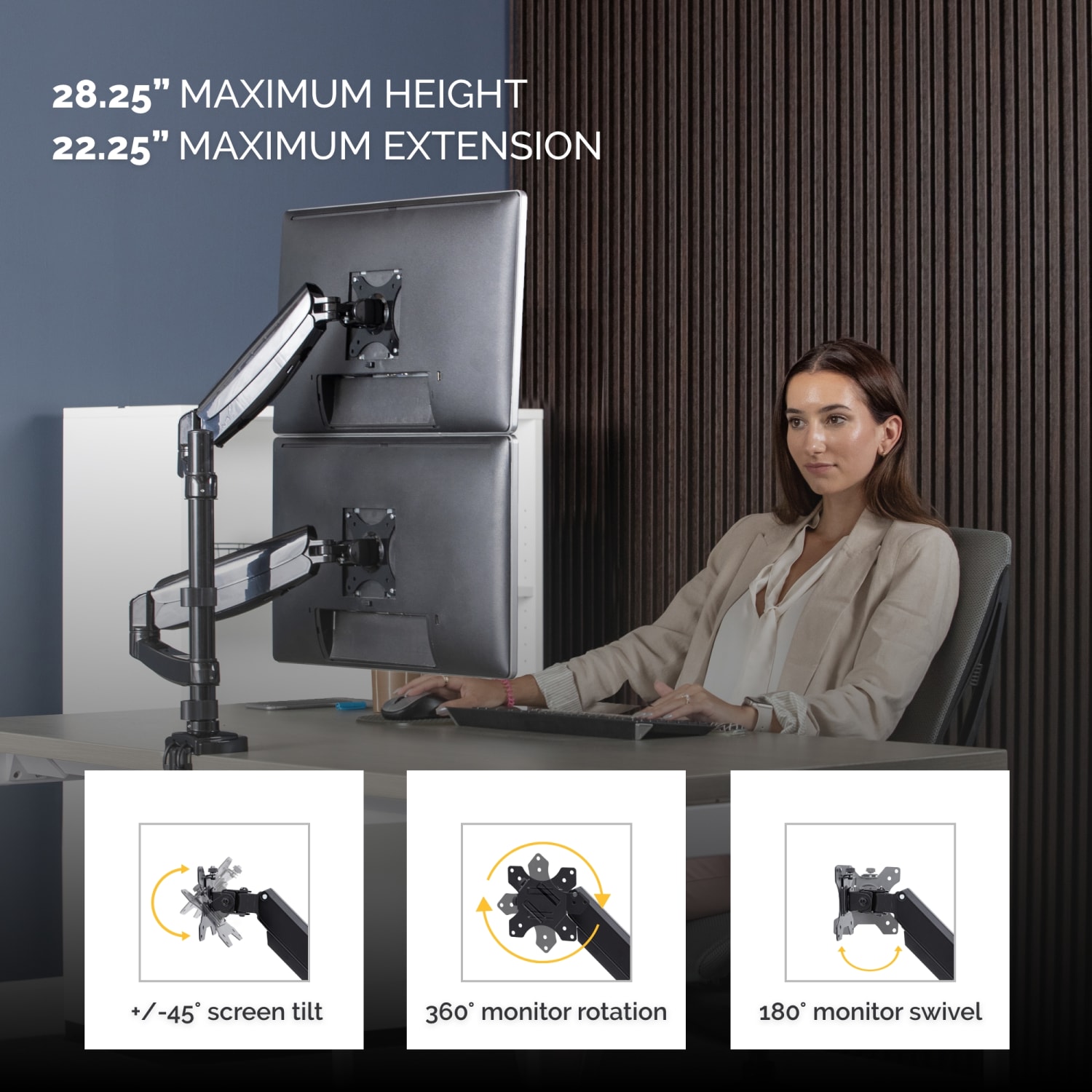 Fellowes Platinum Series Dual-Stacking Arm For Monitors Up To 27in, 27 3/16inH x 35 3/8inW x 3 1/4inD, Black, 8043401 - Image 4