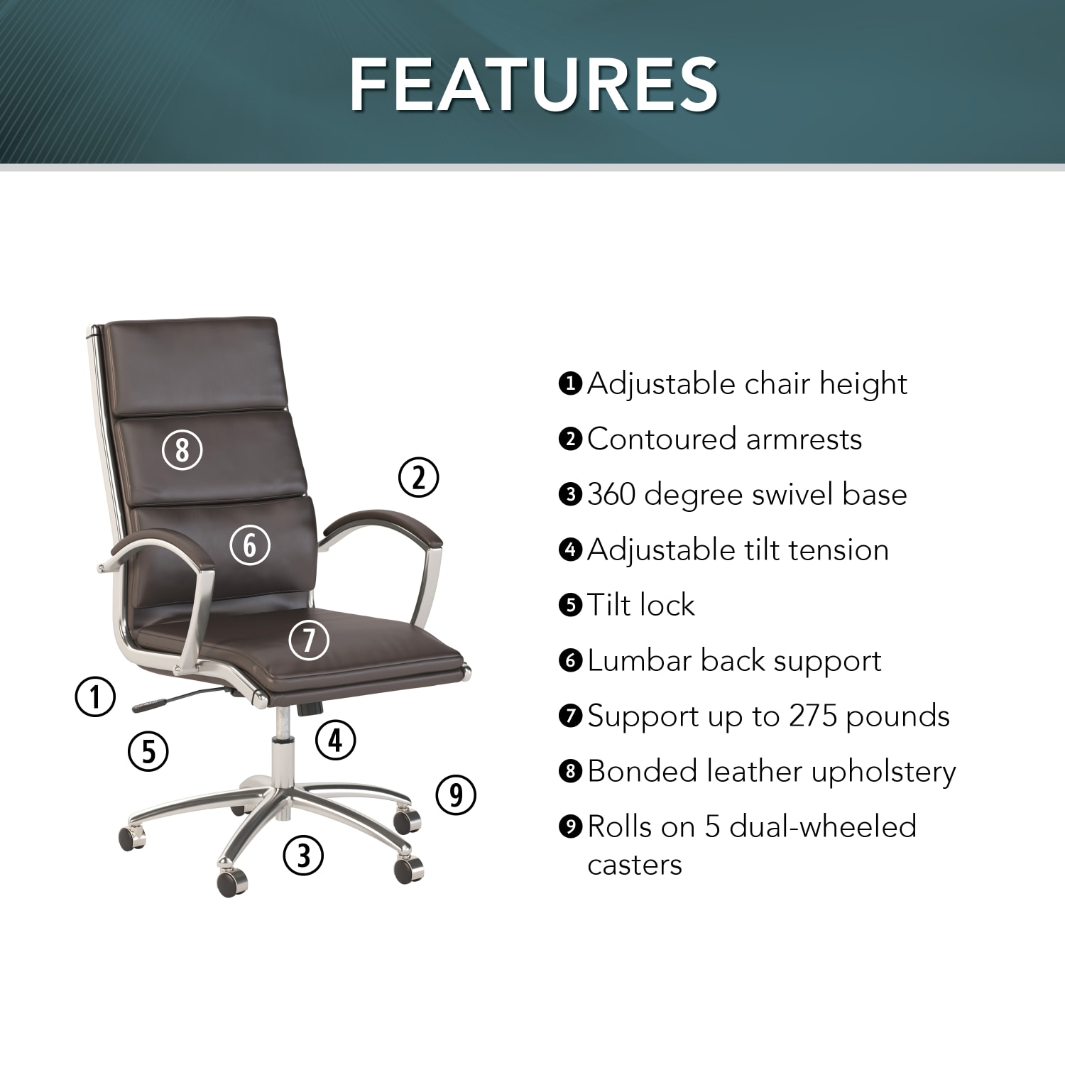 Bush Business Furniture Modelo Bonded Leather High Back Office Chair Saddle Tan Standard Delivery PopularChairscom