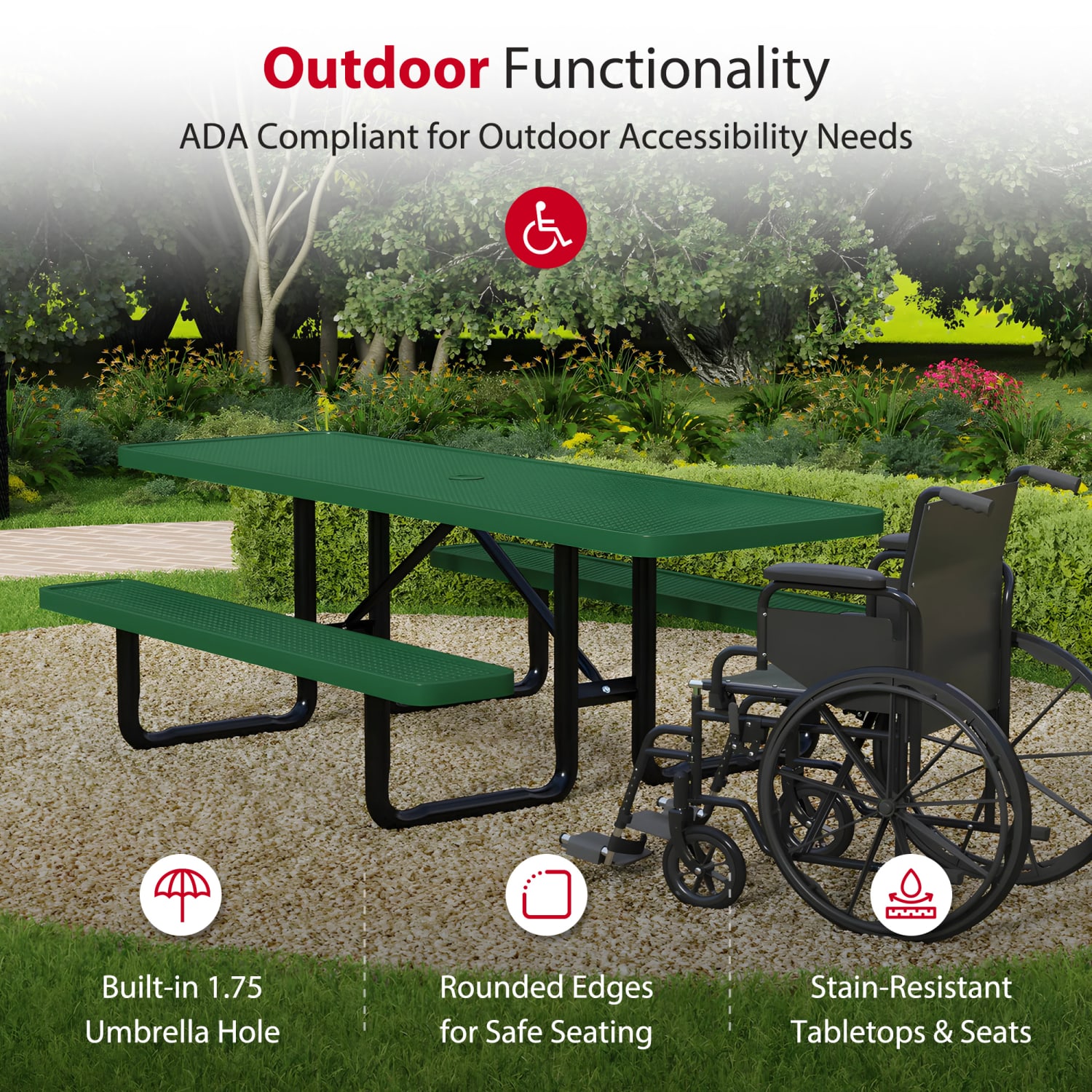 Leisure Craft Rectangle ADA Outdoor Picnic Table, 29-11/16inH x 96inW x 62inD, Black/Green - Image 4