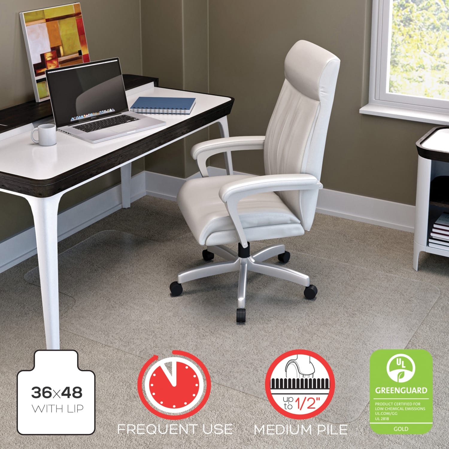 Deflecto Glass Clear Chair Mat, For Medium Pile Carpets, With Lip, 36in x 48in, Clear - Image 5
