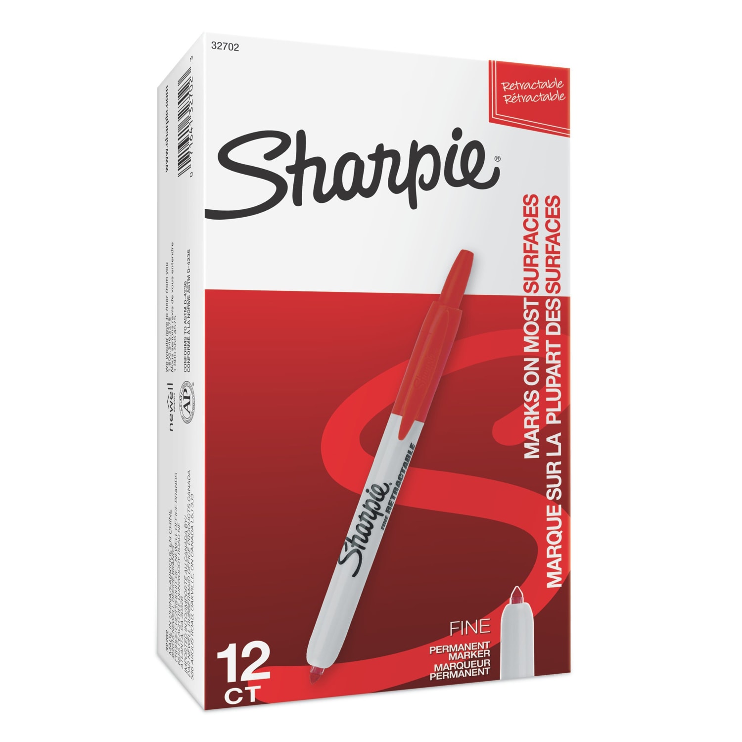 Sharpie Retractable Permanent Markers, Fine Point, Red, Box Of 12