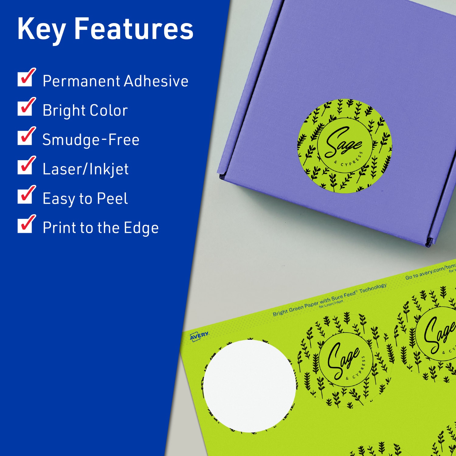 Avery Print-To-The-Edge Labels With Sure Feed Technology, 94502-BGP10, Round, 2-1/2in, Matte Bright Green, Pack of 90 - Image 3