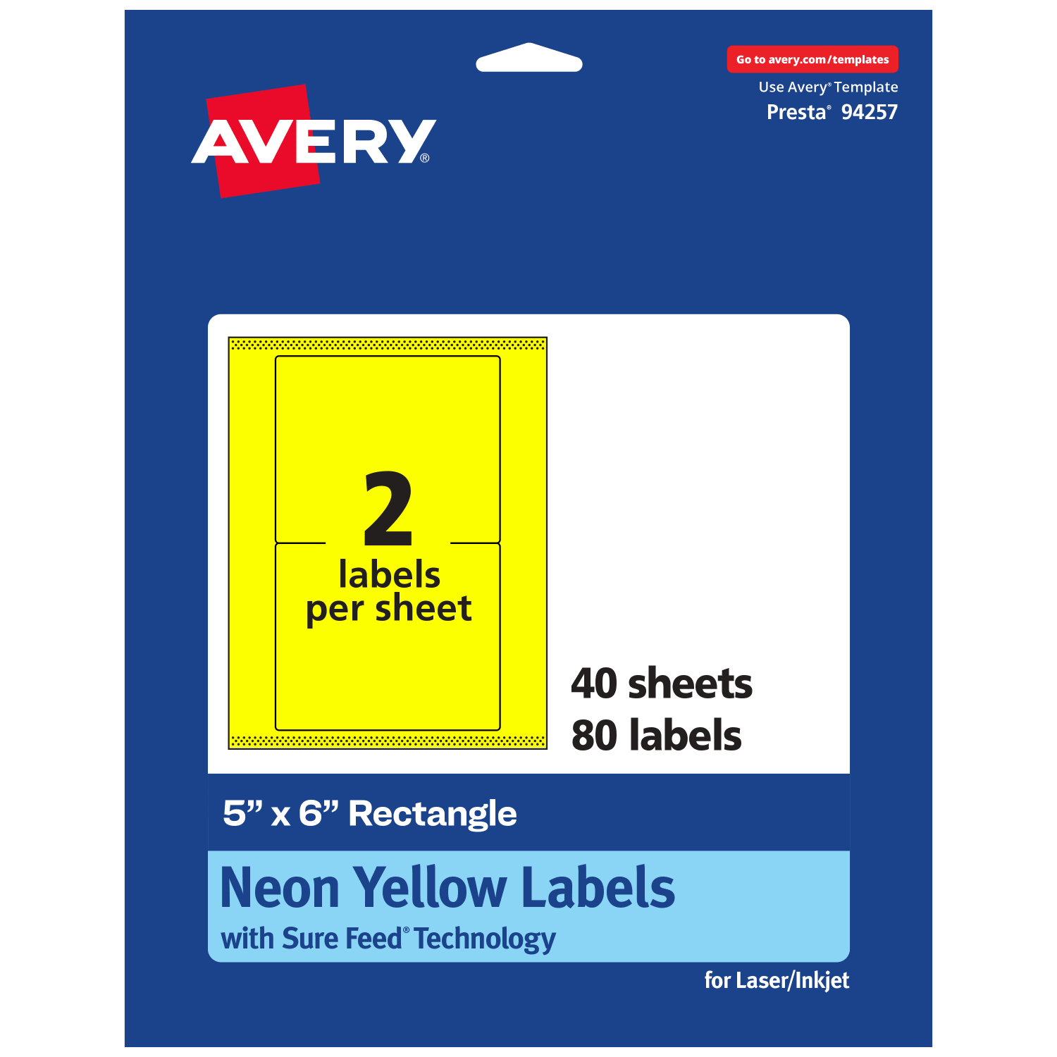 Avery Printable Labels With Sure Feed Technology, 94257-NYP40, Rectangle, 5in x 6in, Matte Neon Yellow, Pack of 80 - Image 3